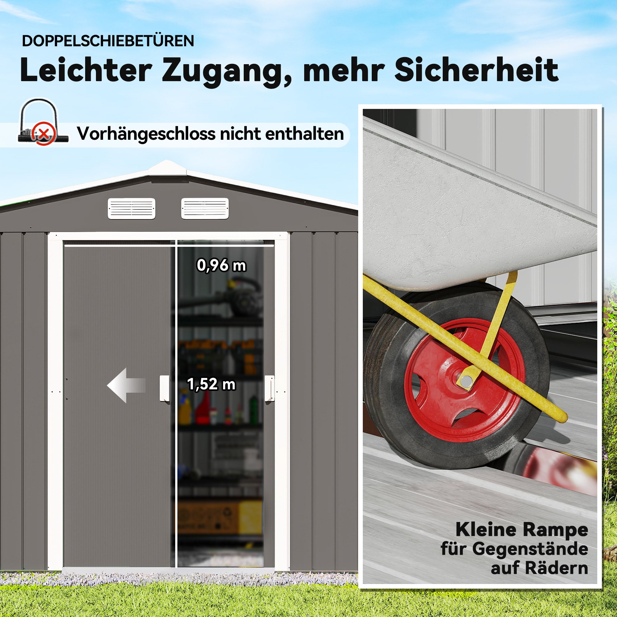 Tool Shed 4.9 m², Garden Shed with Pent Roof, Sliding Door, Foundation, 277 x 195 x 192 cm, Tool Shed Made of Galvanized Steel, Weatherproof, for Garden, Gray