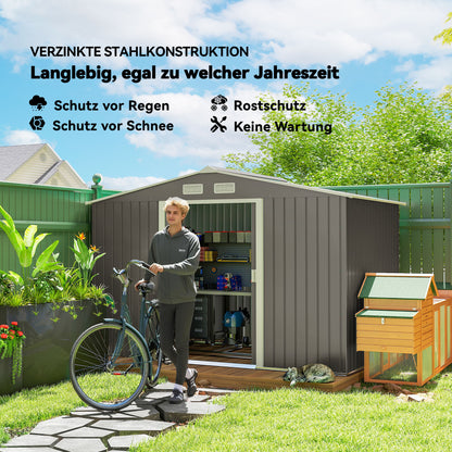 Tool Shed 4.9 m², Garden Shed with Pent Roof, Sliding Door, Foundation, 277 x 195 x 192 cm, Tool Shed Made of Galvanized Steel, Weatherproof, for Garden, Gray