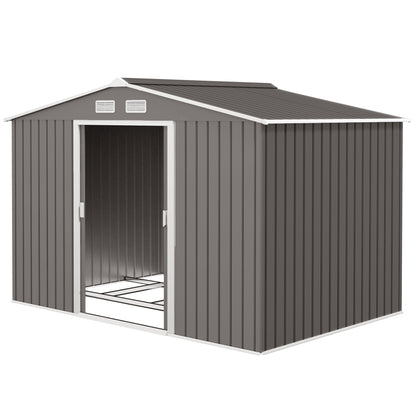 Tool Shed 4.9 m², Garden Shed with Pent Roof, Sliding Door, Foundation, 277 x 195 x 192 cm, Tool Shed Made of Galvanized Steel, Weatherproof, for Garden, Gray