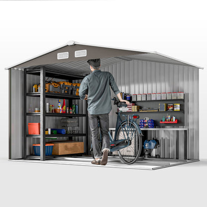 Tool Shed 4.9 m², Garden Shed with Pent Roof, Sliding Door, Foundation, 277 x 195 x 192 cm, Tool Shed Made of Galvanized Steel, Weatherproof, for Garden, Gray