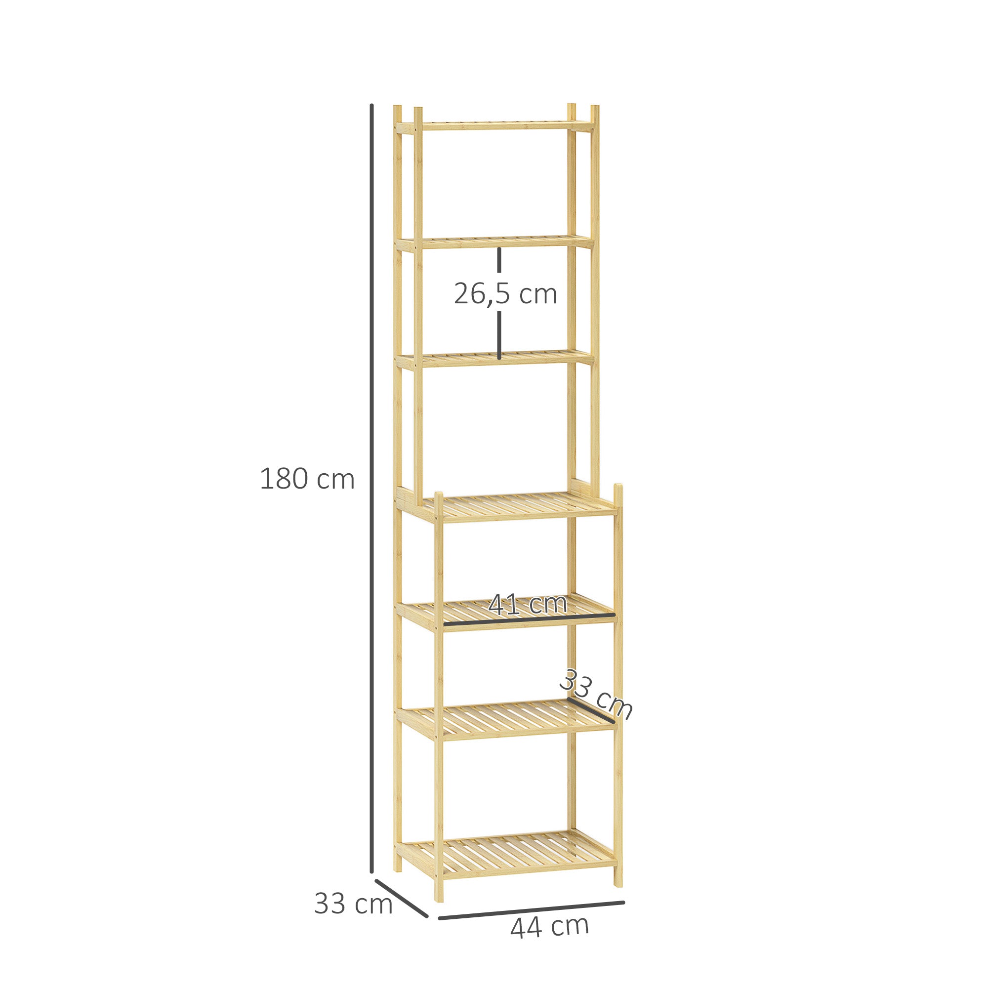 Bathroom Shelf, 7-Tier Standing Shelf Storage Rack made of Bamboo for Living room, Bathroom, Natural, 44 x 33 x 180 cm