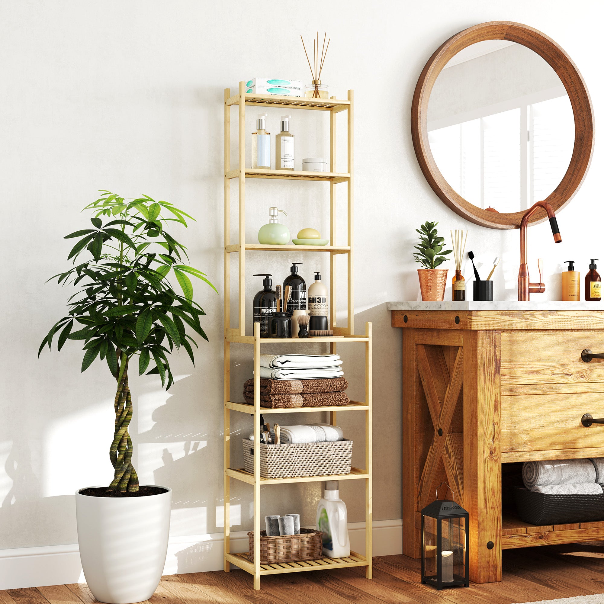 Bathroom Shelf, 7-Tier Standing Shelf Storage Rack made of Bamboo for Living room, Bathroom, Natural, 44 x 33 x 180 cm
