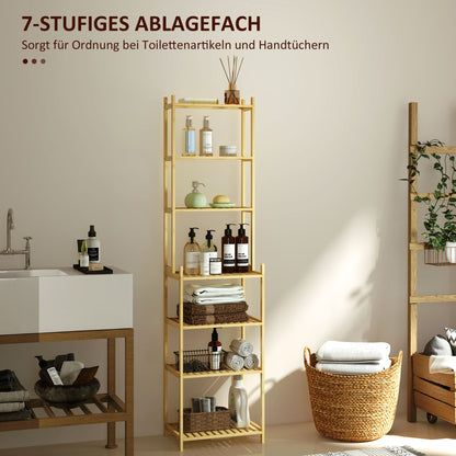 Bathroom Shelf, 7-Tier Standing Shelf Storage Rack made of Bamboo for Living room, Bathroom, Natural, 44 x 33 x 180 cm