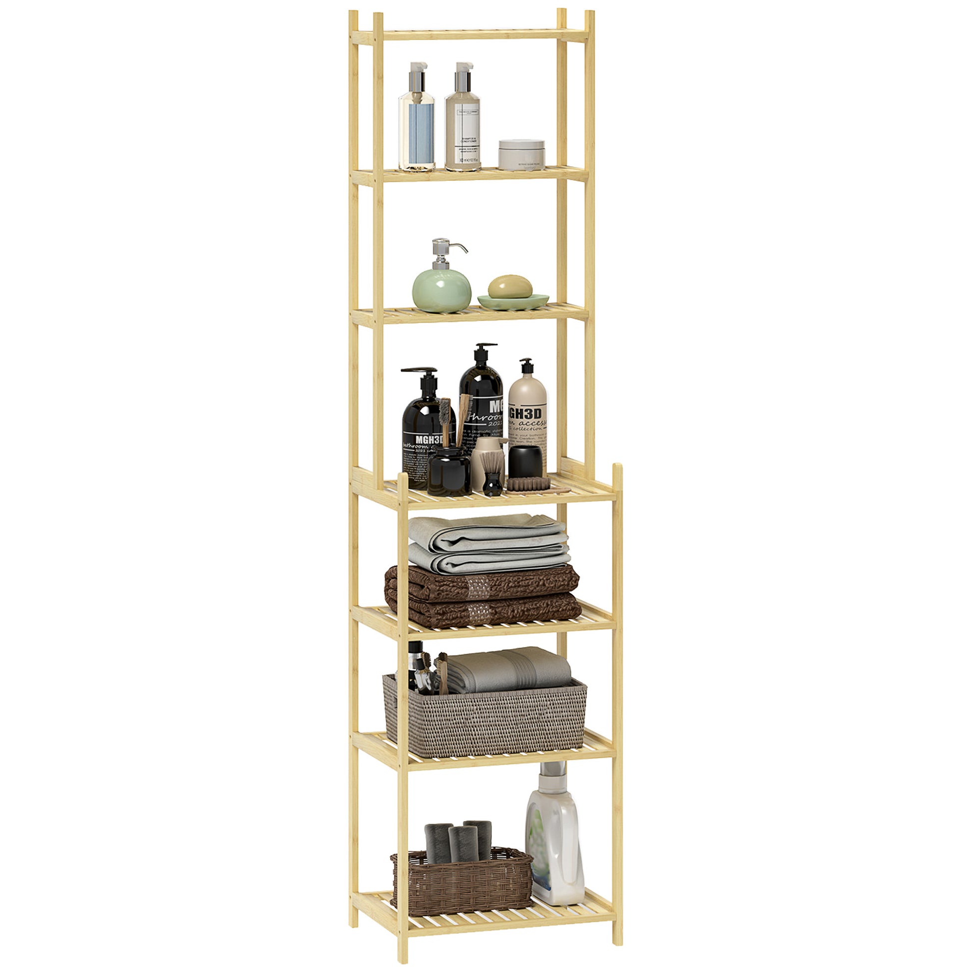 Bathroom Shelf, 7-Tier Standing Shelf Storage Rack made of Bamboo for Living room, Bathroom, Natural, 44 x 33 x 180 cm