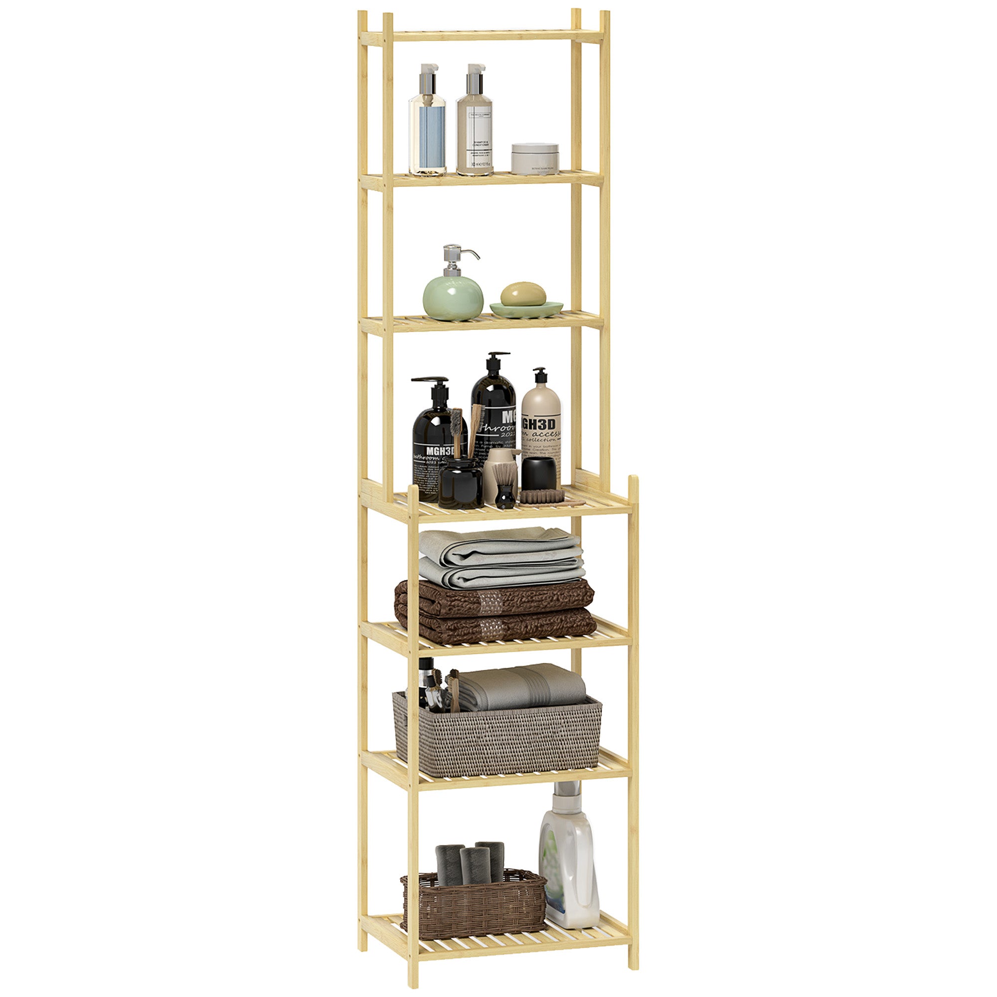 Bathroom Shelf, 7-Tier Standing Shelf Storage Rack made of Bamboo for Living room, Bathroom, Natural, 44 x 33 x 180 cm