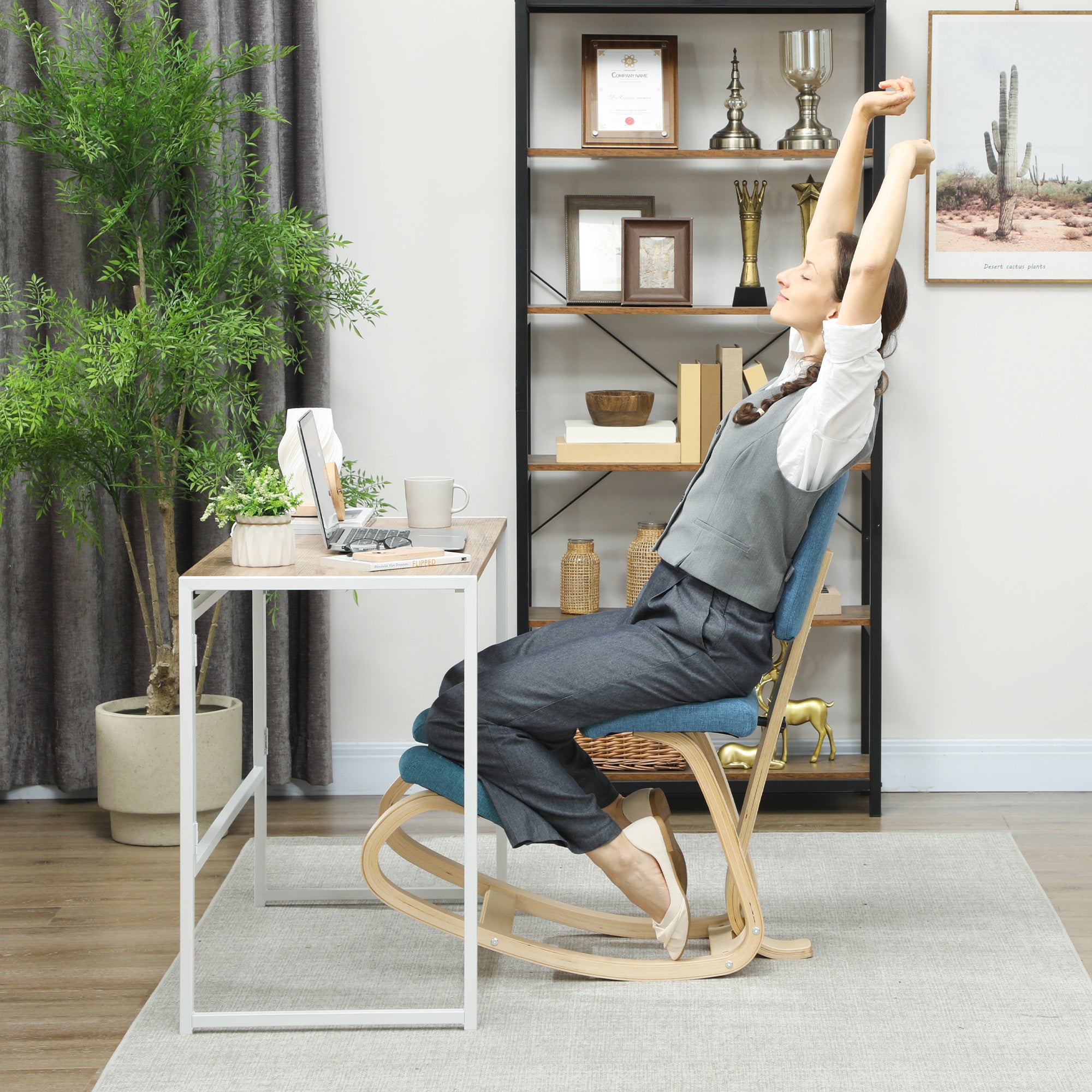Ergonomic Kneeling Chair with Backrest — Birch Wood Office & Meditation Stool (Dark Blue)