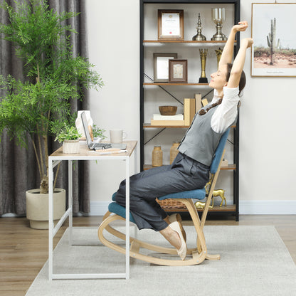 Ergonomic Kneeling Chair with Backrest — Birch Wood Office & Meditation Stool (Dark Blue)