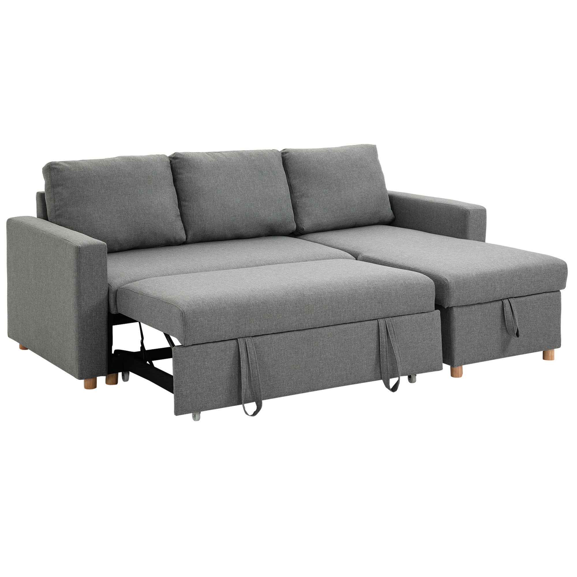 Gray Linen-Look Fabric Convertible Corner Sofa Bed with Reversible Chaise, Integrated Storage Chest, 3 Back Cushions