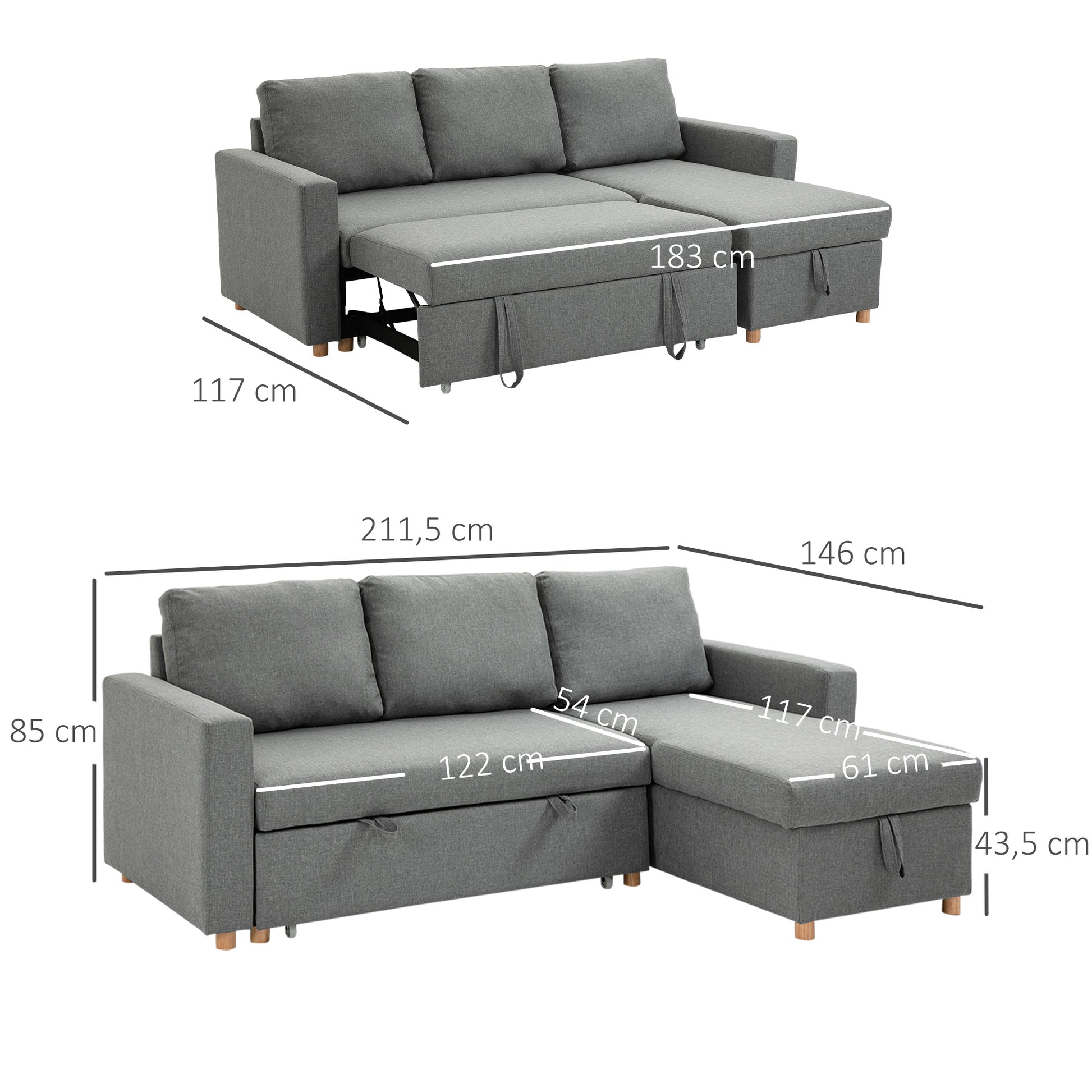 Gray Linen-Look Fabric Convertible Corner Sofa Bed with Reversible Chaise, Integrated Storage Chest, 3 Back Cushions