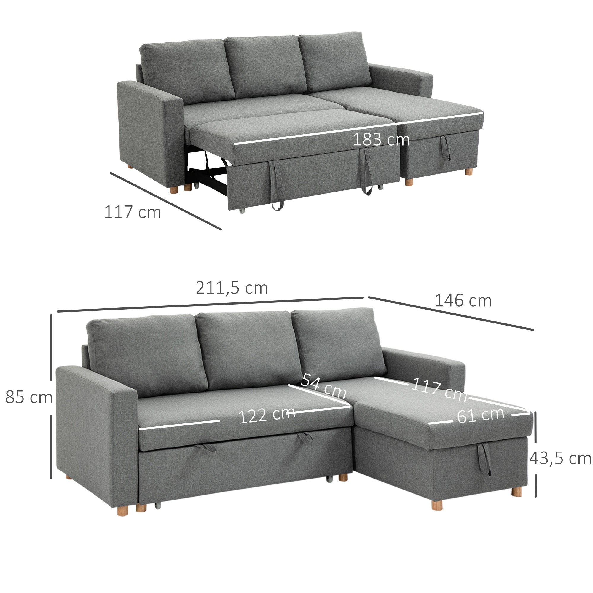Gray Linen-Look Fabric Convertible Corner Sofa Bed with Reversible Chaise, Integrated Storage Chest, 3 Back Cushions