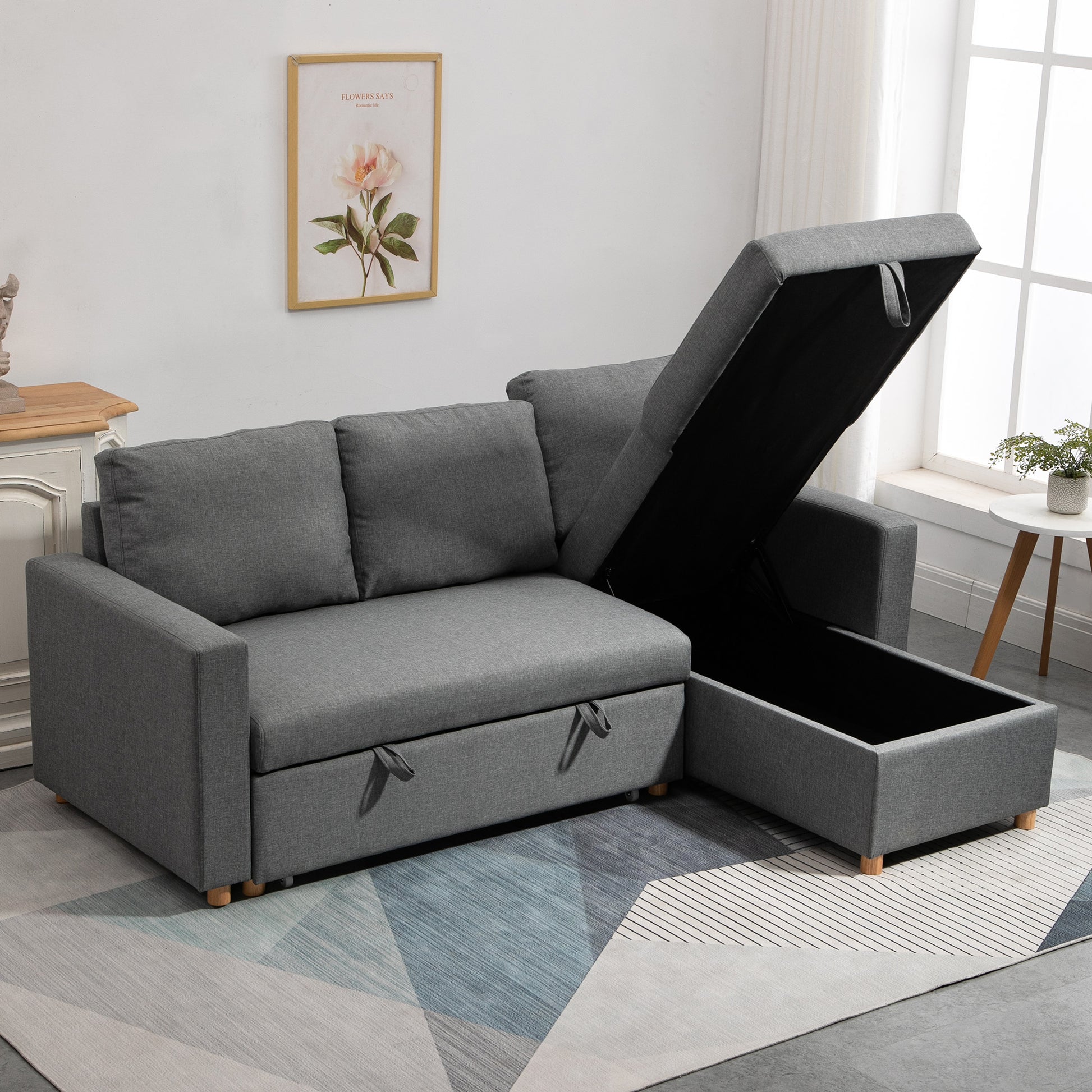 Gray Linen-Look Fabric Convertible Corner Sofa Bed with Reversible Chaise, Integrated Storage Chest, 3 Back Cushions