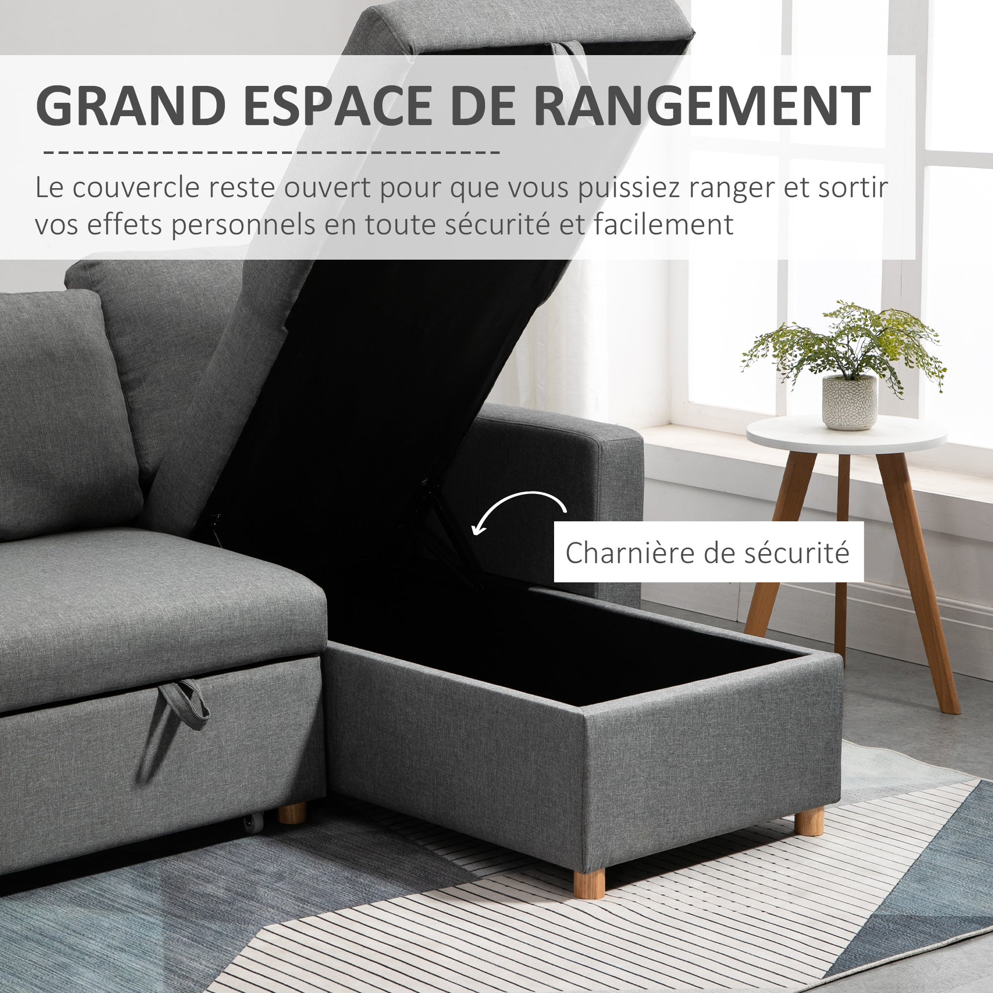 Gray Linen-Look Fabric Convertible Corner Sofa Bed with Reversible Chaise, Integrated Storage Chest, 3 Back Cushions