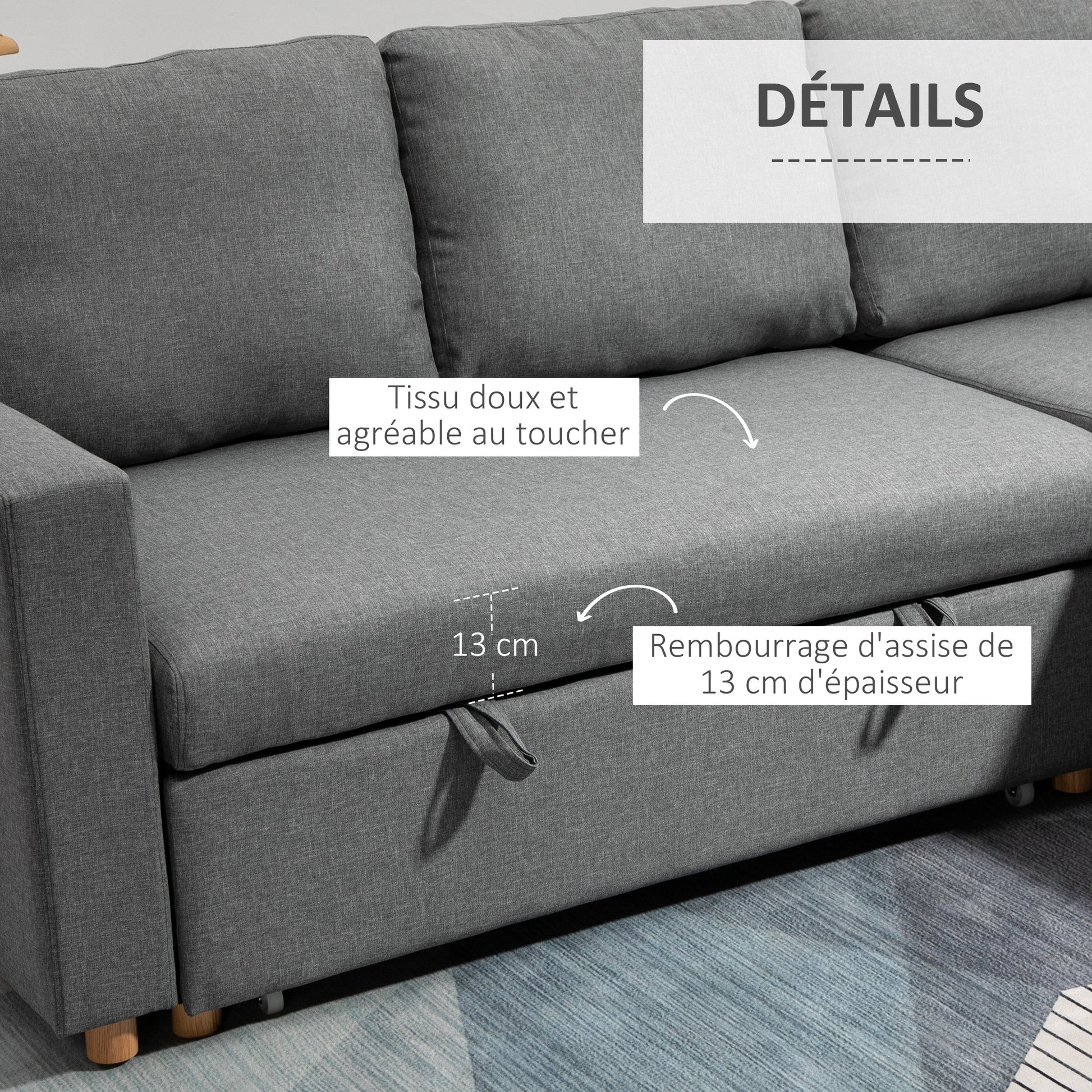 Gray Linen-Look Fabric Convertible Corner Sofa Bed with Reversible Chaise, Integrated Storage Chest, 3 Back Cushions