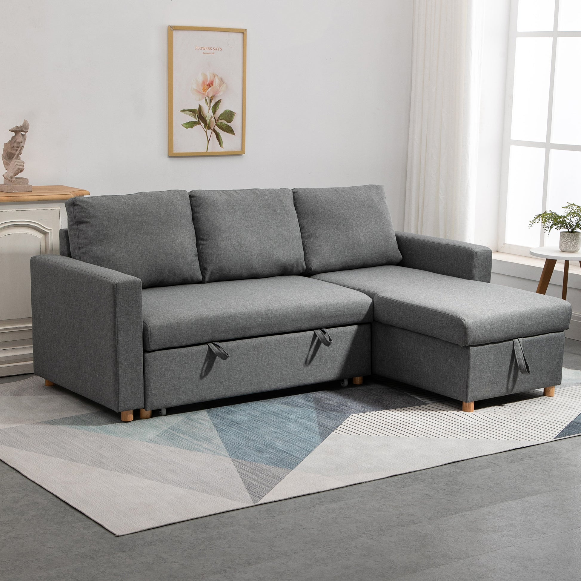 Gray Linen-Look Fabric Convertible Corner Sofa Bed with Reversible Chaise, Integrated Storage Chest, 3 Back Cushions