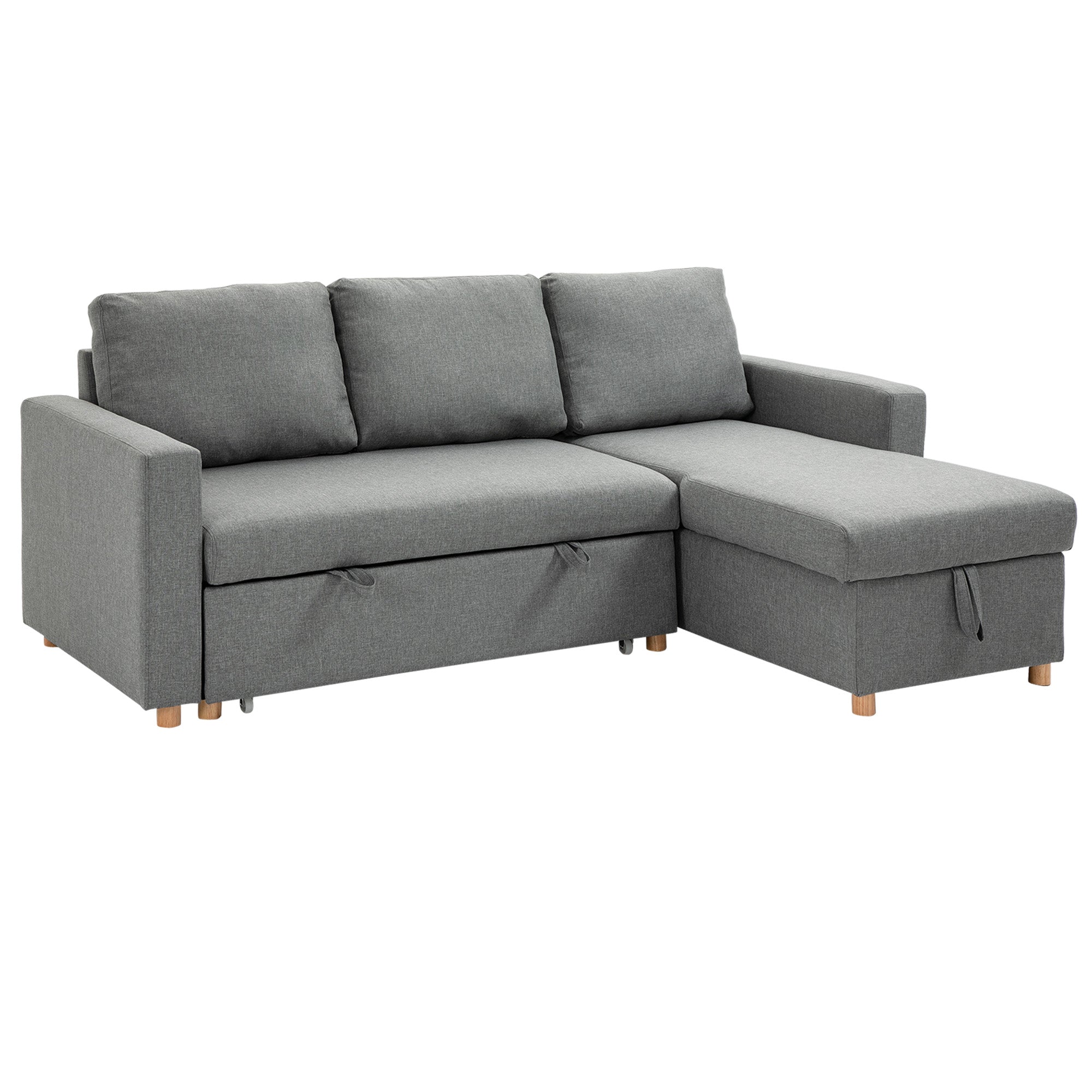 Gray Linen-Look Fabric Convertible Corner Sofa Bed with Reversible Chaise, Integrated Storage Chest, 3 Back Cushions