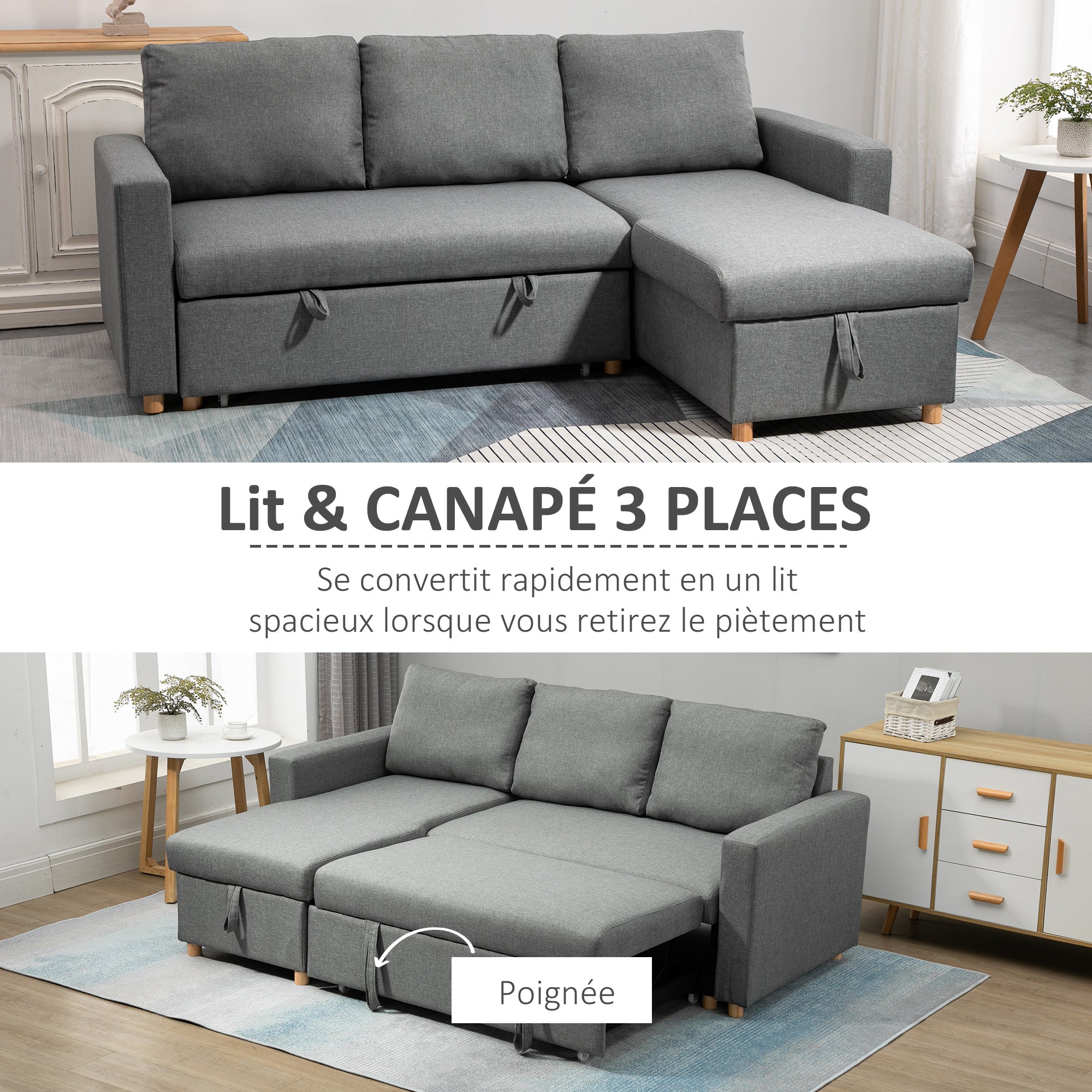 Gray Linen-Look Fabric Convertible Corner Sofa Bed with Reversible Chaise, Integrated Storage Chest, 3 Back Cushions