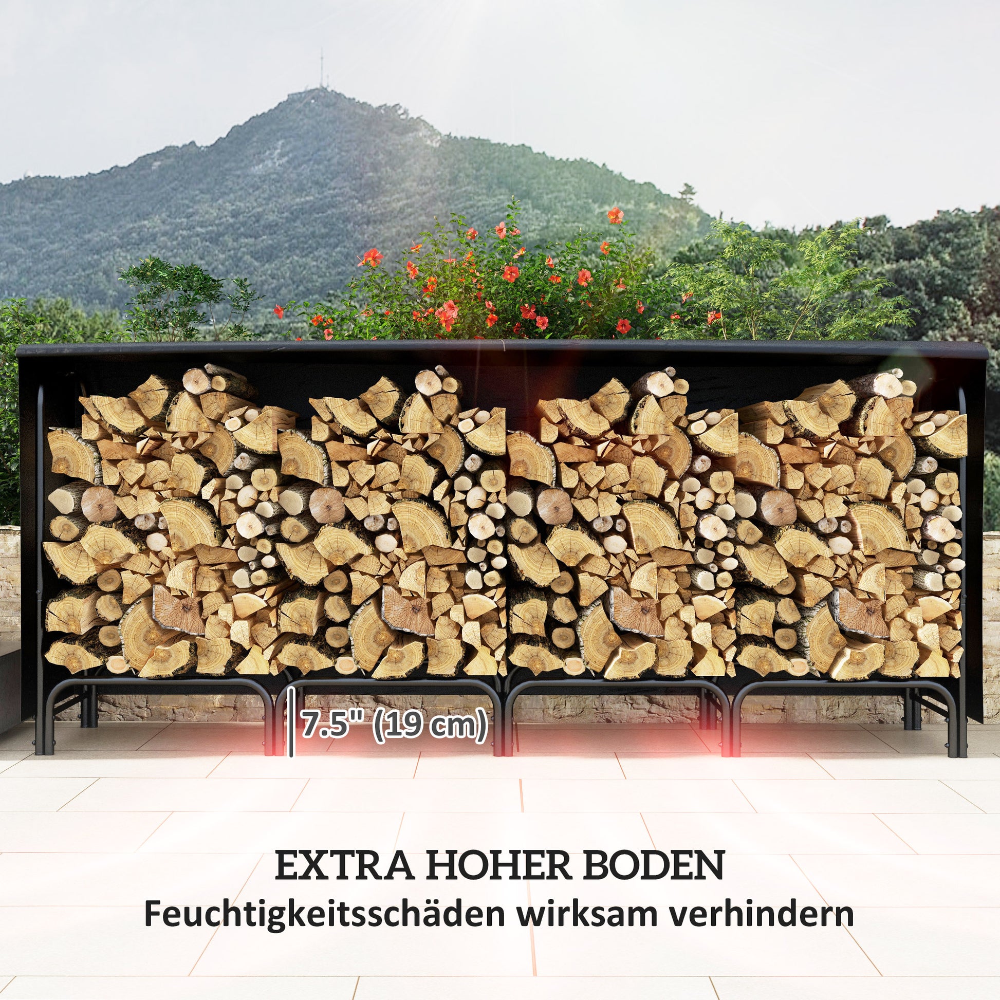 Metal Firewood Rack 240 x 36 x 99cm Firewood Holder with Waterproof Cover Protective Cover Outdoor Wood Stand up to 200kg Firewood Rack for Firewood, Fireplace Wood Storage for Garden Outdoors Black