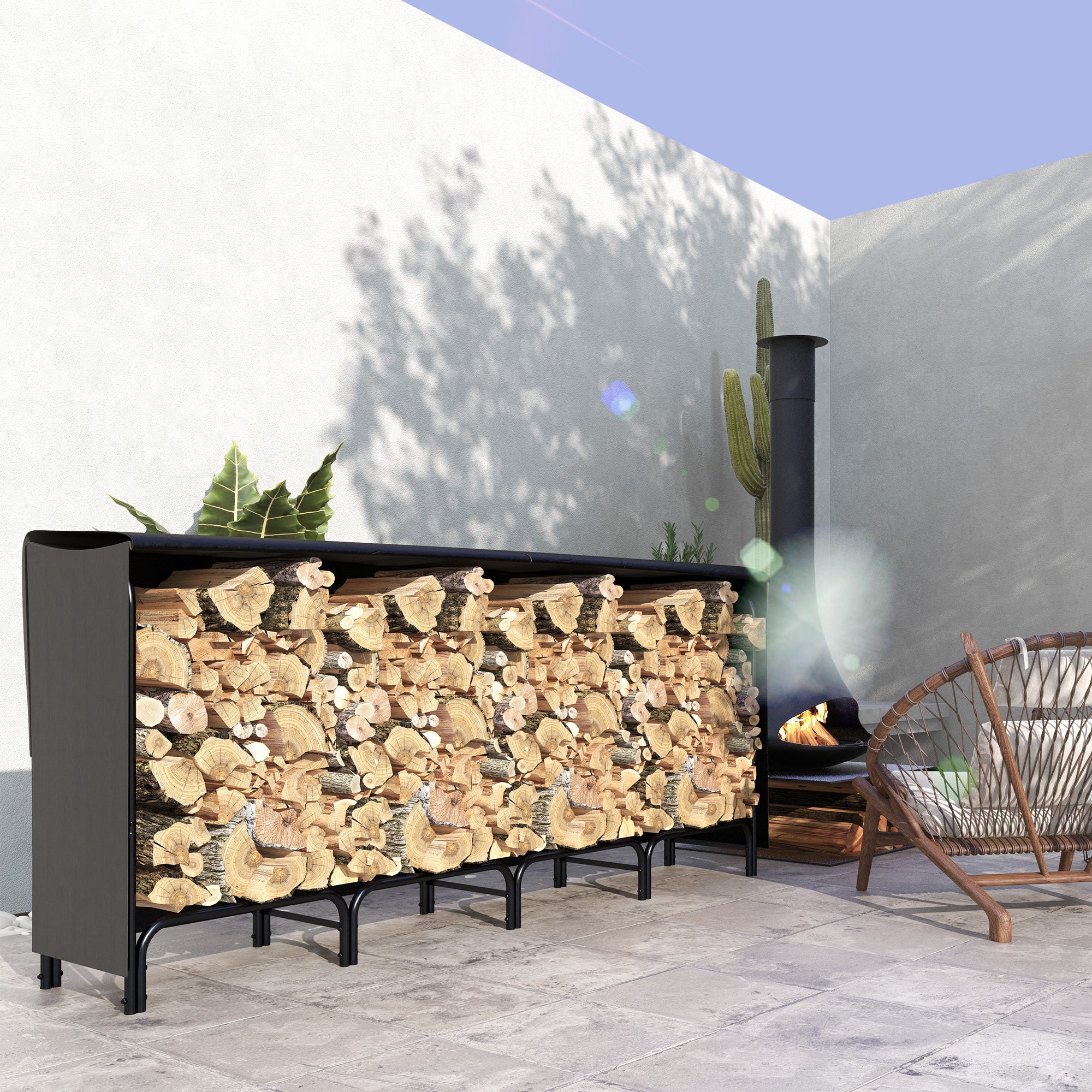 Metal Firewood Rack 240 x 36 x 99cm Firewood Holder with Waterproof Cover Protective Cover Outdoor Wood Stand up to 200kg Firewood Rack for Firewood, Fireplace Wood Storage for Garden Outdoors Black