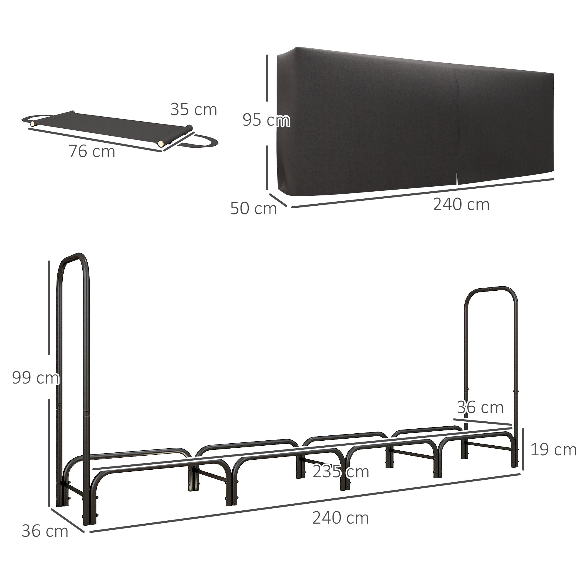 Metal Firewood Rack 240 x 36 x 99cm Firewood Holder with Waterproof Cover Protective Cover Outdoor Wood Stand up to 200kg Firewood Rack for Firewood, Fireplace Wood Storage for Garden Outdoors Black