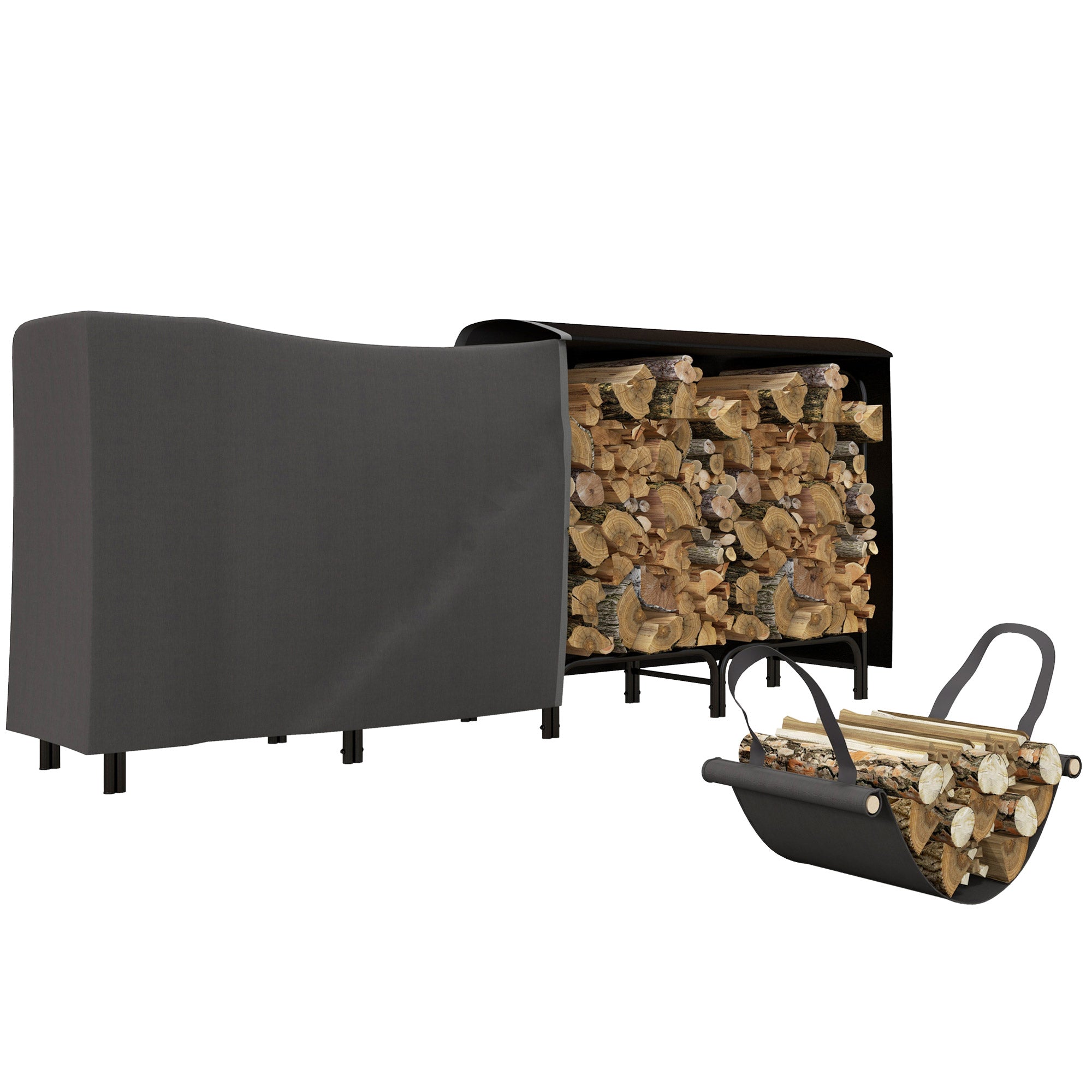 Metal Firewood Rack 240 x 36 x 99cm Firewood Holder with Waterproof Cover Protective Cover Outdoor Wood Stand up to 200kg Firewood Rack for Firewood, Fireplace Wood Storage for Garden Outdoors Black