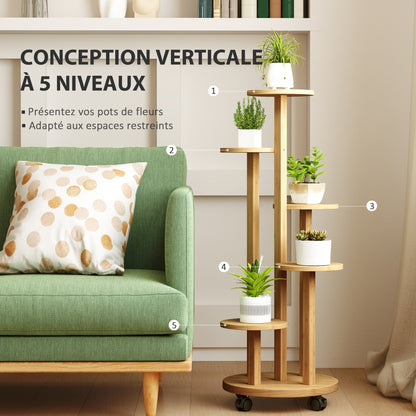 Plant Stand Wooden Plant Shelf with 5 Round Flower Shelves Natural Wood