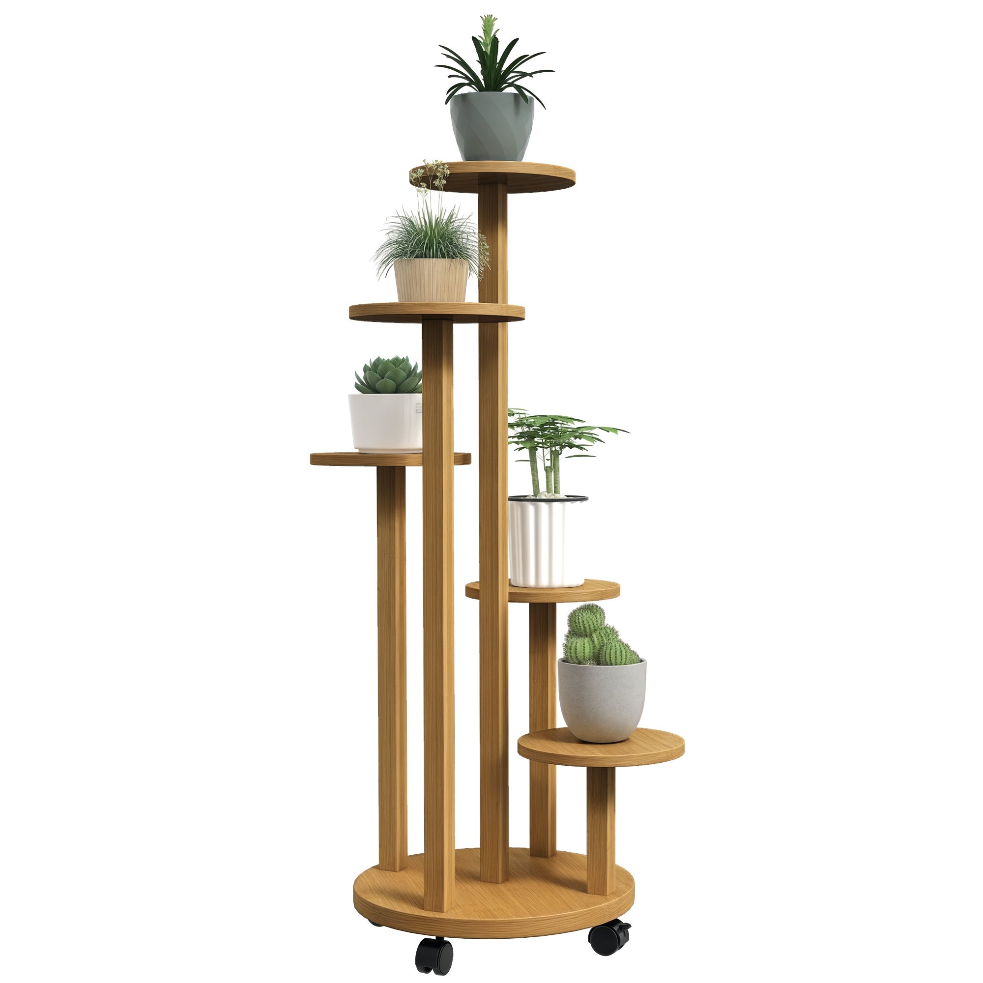 Plant Stand Wooden Plant Shelf with 5 Round Flower Shelves Natural Wood