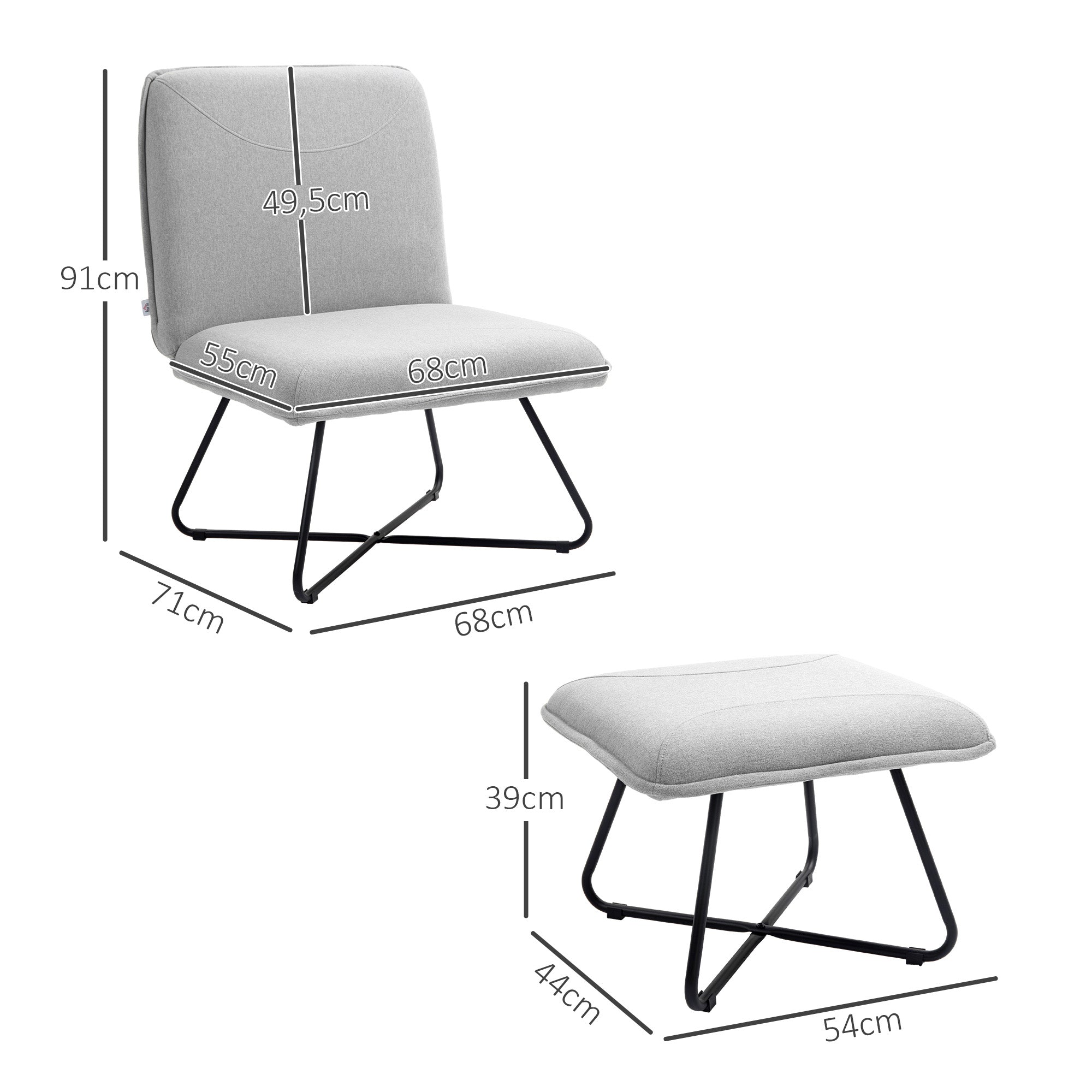 Living Room Armchair with Footrest Armless Relaxing Chair for Bedroom with Cross Steel Legs for Living Room Light Gray