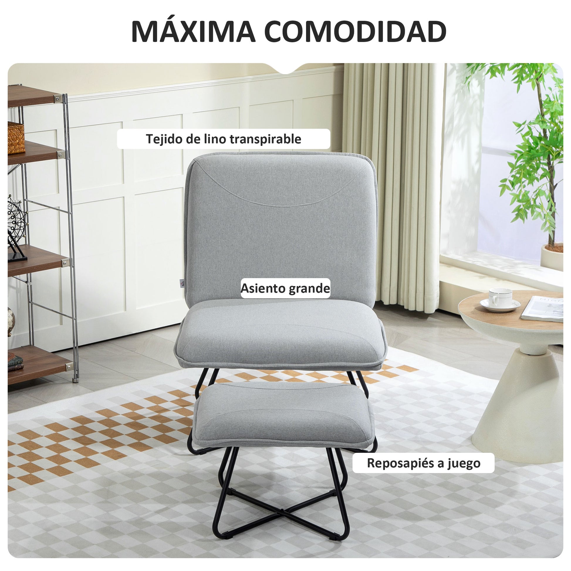 Living Room Armchair with Footrest Armless Relaxing Chair for Bedroom with Cross Steel Legs for Living Room Light Gray