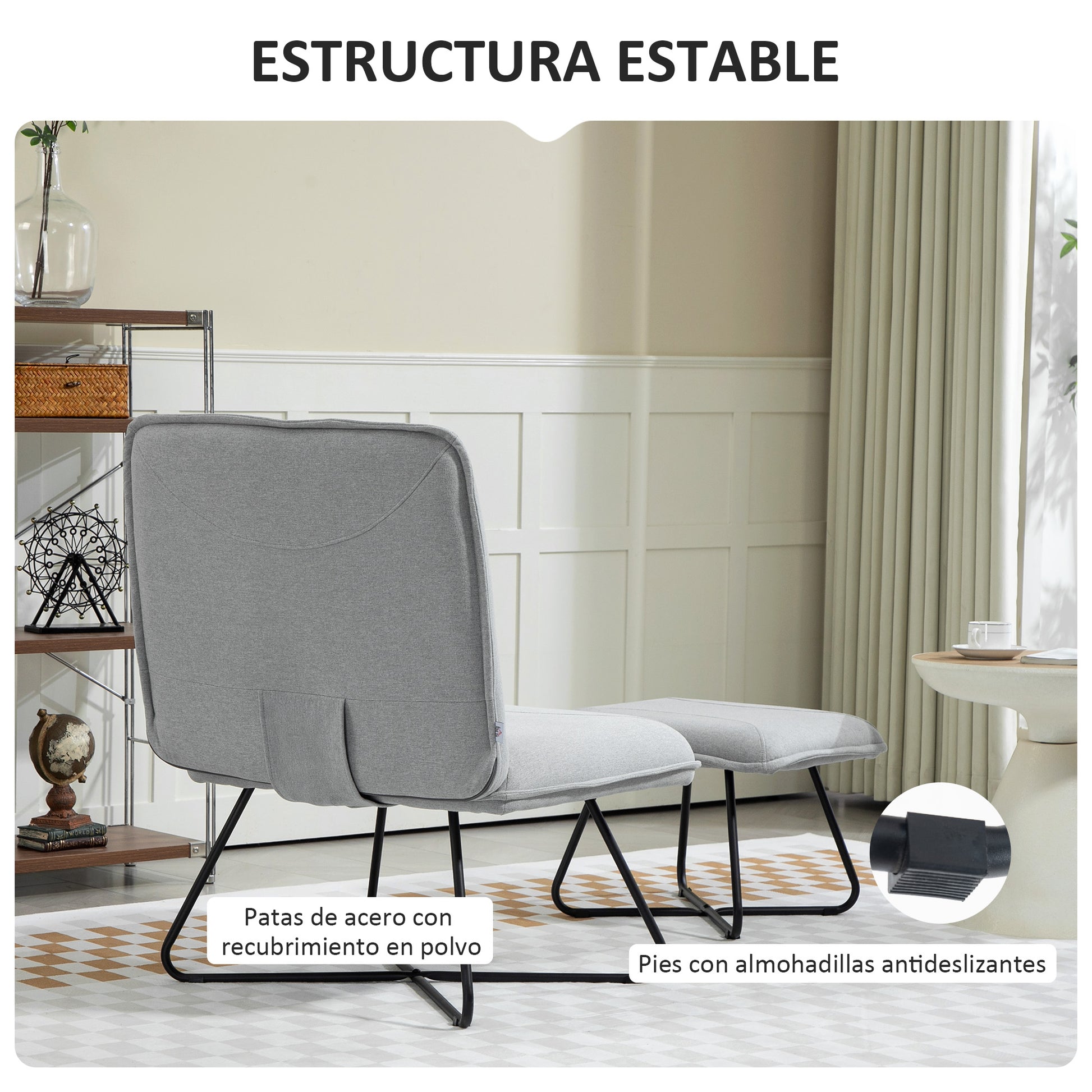 Living Room Armchair with Footrest Armless Relaxing Chair for Bedroom with Cross Steel Legs for Living Room Light Gray