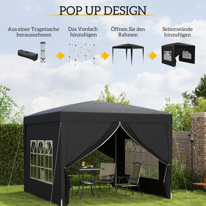 Pavilion approx. 3x3m, Water-Resistant Stable Winterproof Pop-up Folding Pavilion, UV Protection 50+, Foldable Party Tent Garden Gazebo with 4 Side Walls Bag Garden Pavilion for Camping Garden, Black