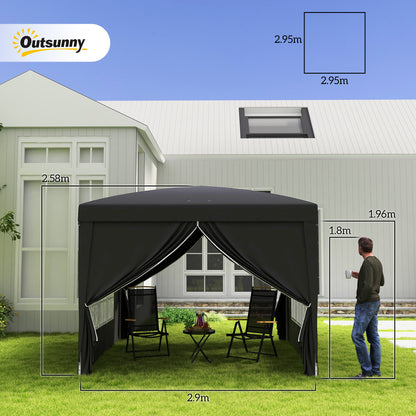 Pavilion approx. 3x3m, Water-Resistant Stable Winterproof Pop-up Folding Pavilion, UV Protection 50+, Foldable Party Tent Garden Gazebo with 4 Side Walls Bag Garden Pavilion for Camping Garden, Black
