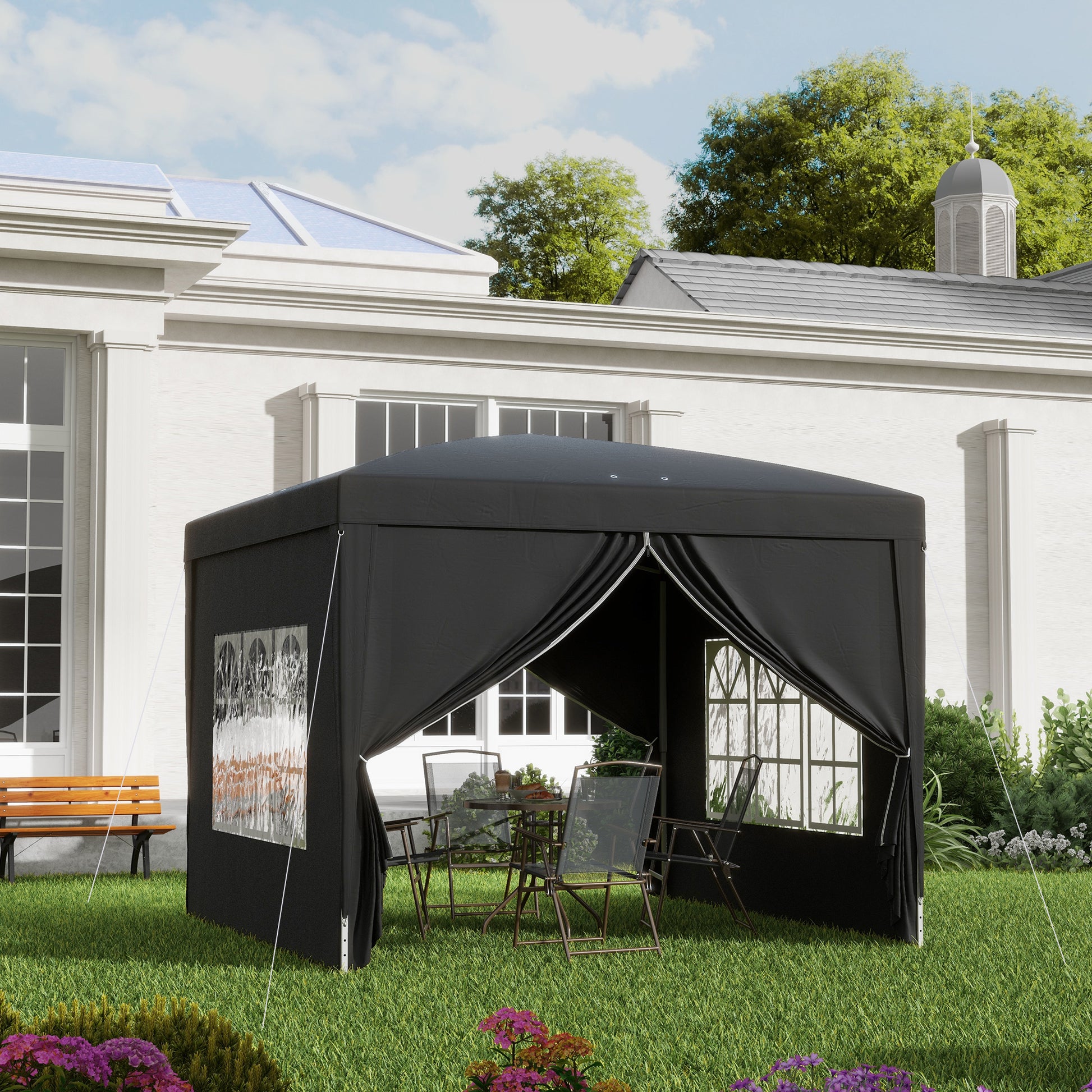 Pavilion approx. 3x3m, Water-Resistant Stable Winterproof Pop-up Folding Pavilion, UV Protection 50+, Foldable Party Tent Garden Gazebo with 4 Side Walls Bag Garden Pavilion for Camping Garden, Black