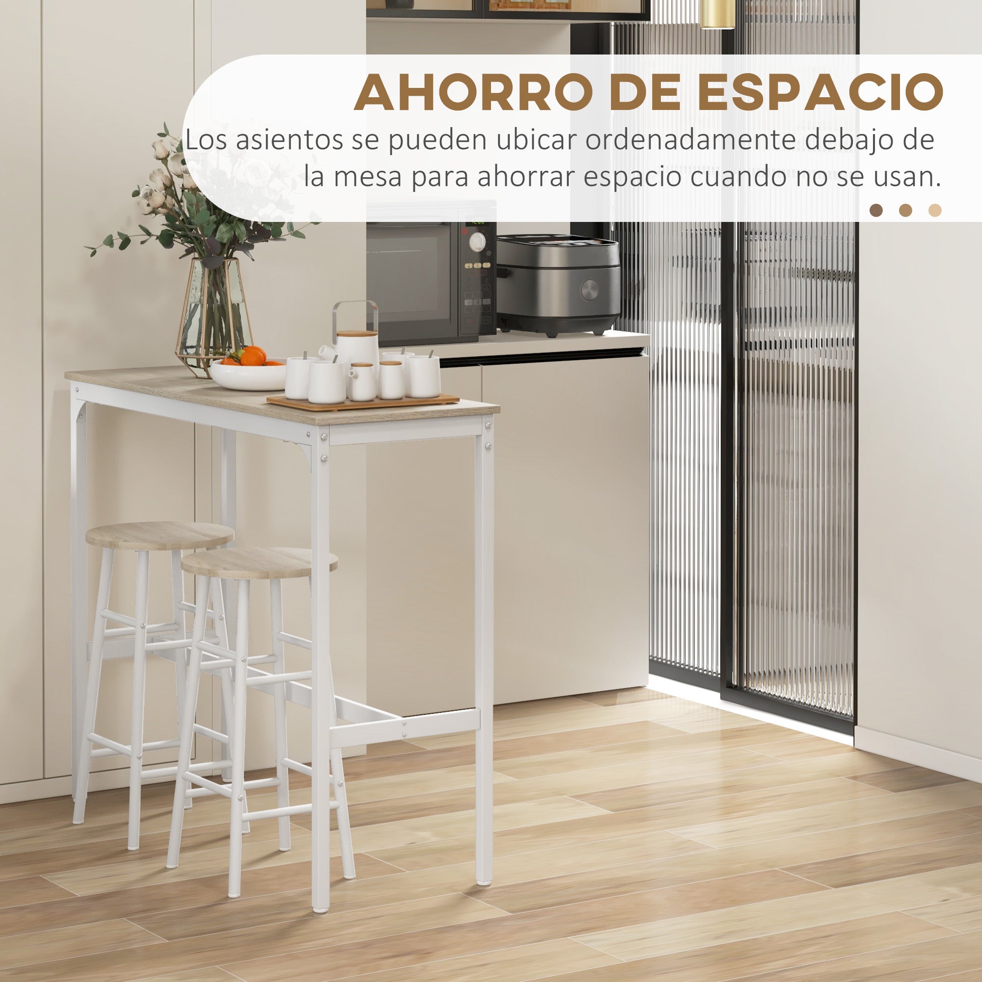 High Bar Table Set with 2 Stools High Kitchen Table with Stools Industrial Style Steel Frame High Table for Dining Natural and White