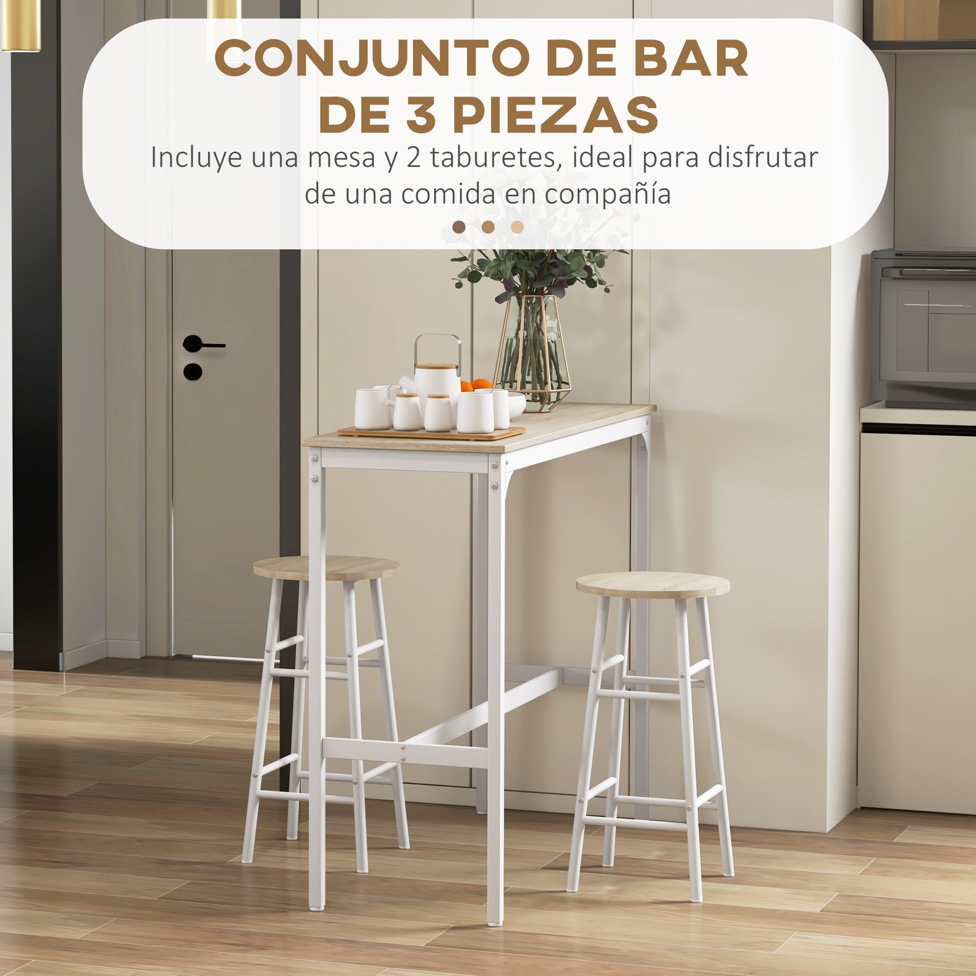 High Bar Table Set with 2 Stools High Kitchen Table with Stools Industrial Style Steel Frame High Table for Dining Natural and White
