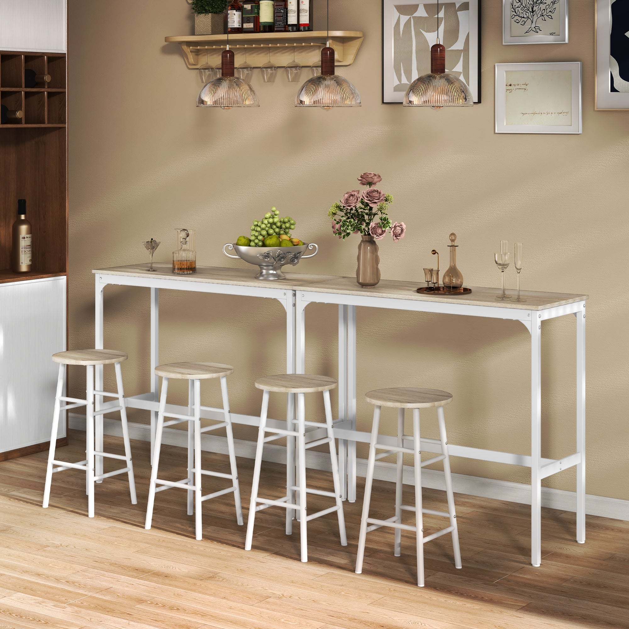 High Bar Table Set with 2 Stools High Kitchen Table with Stools Industrial Style Steel Frame High Table for Dining Natural and White