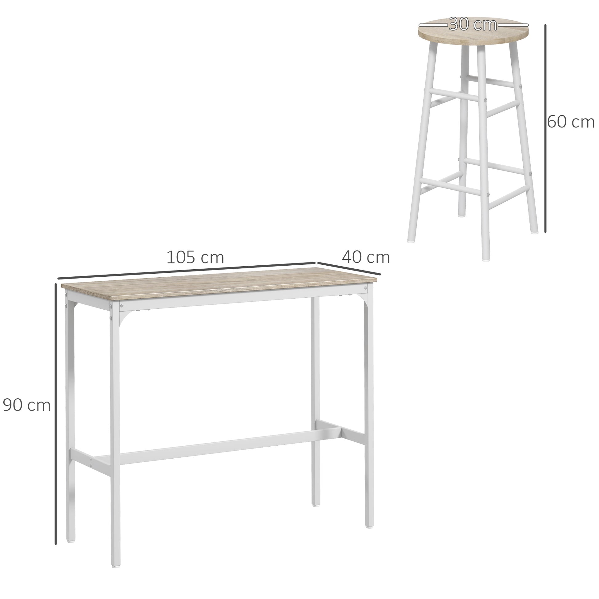 High Bar Table Set with 2 Stools High Kitchen Table with Stools Industrial Style Steel Frame High Table for Dining Natural and White