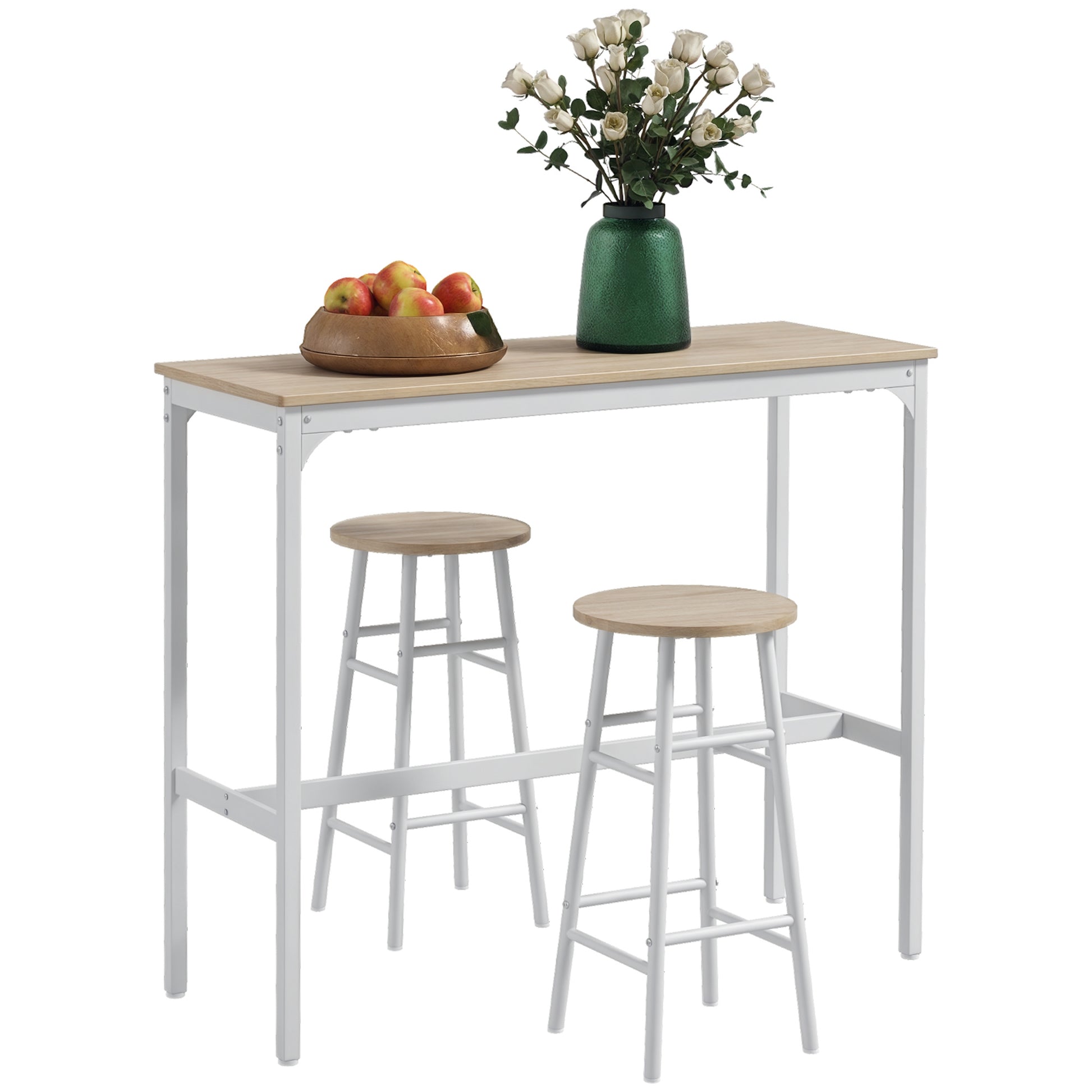High Bar Table Set with 2 Stools High Kitchen Table with Stools Industrial Style Steel Frame High Table for Dining Natural and White