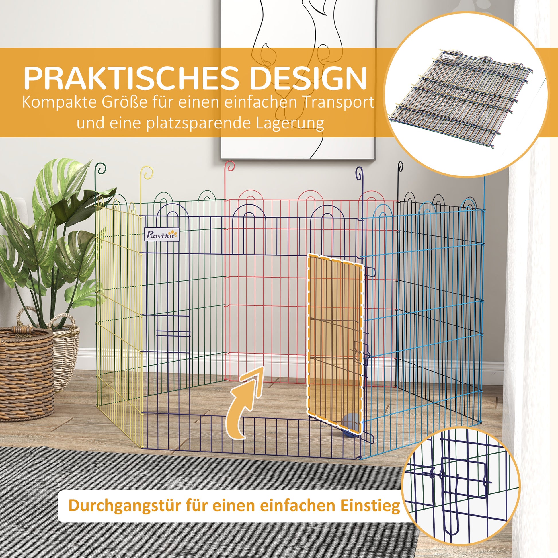 Puppy Playpen Puppy Run for Pets, 6 Pieces 60 cm Puppy Fence, DIY Playpen, Playpen with Door, Metal, Multicolored