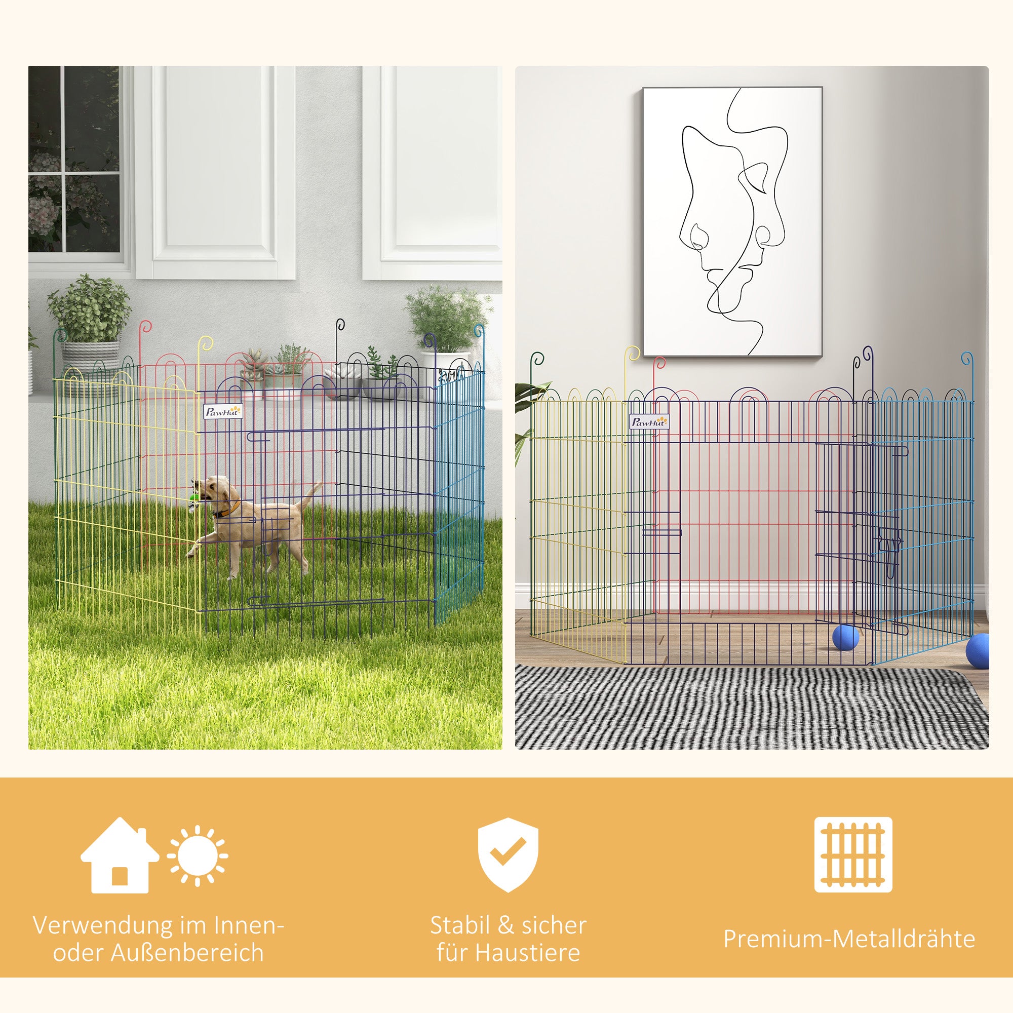 Puppy Playpen Puppy Run for Pets, 6 Pieces 60 cm Puppy Fence, DIY Playpen, Playpen with Door, Metal, Multicolored