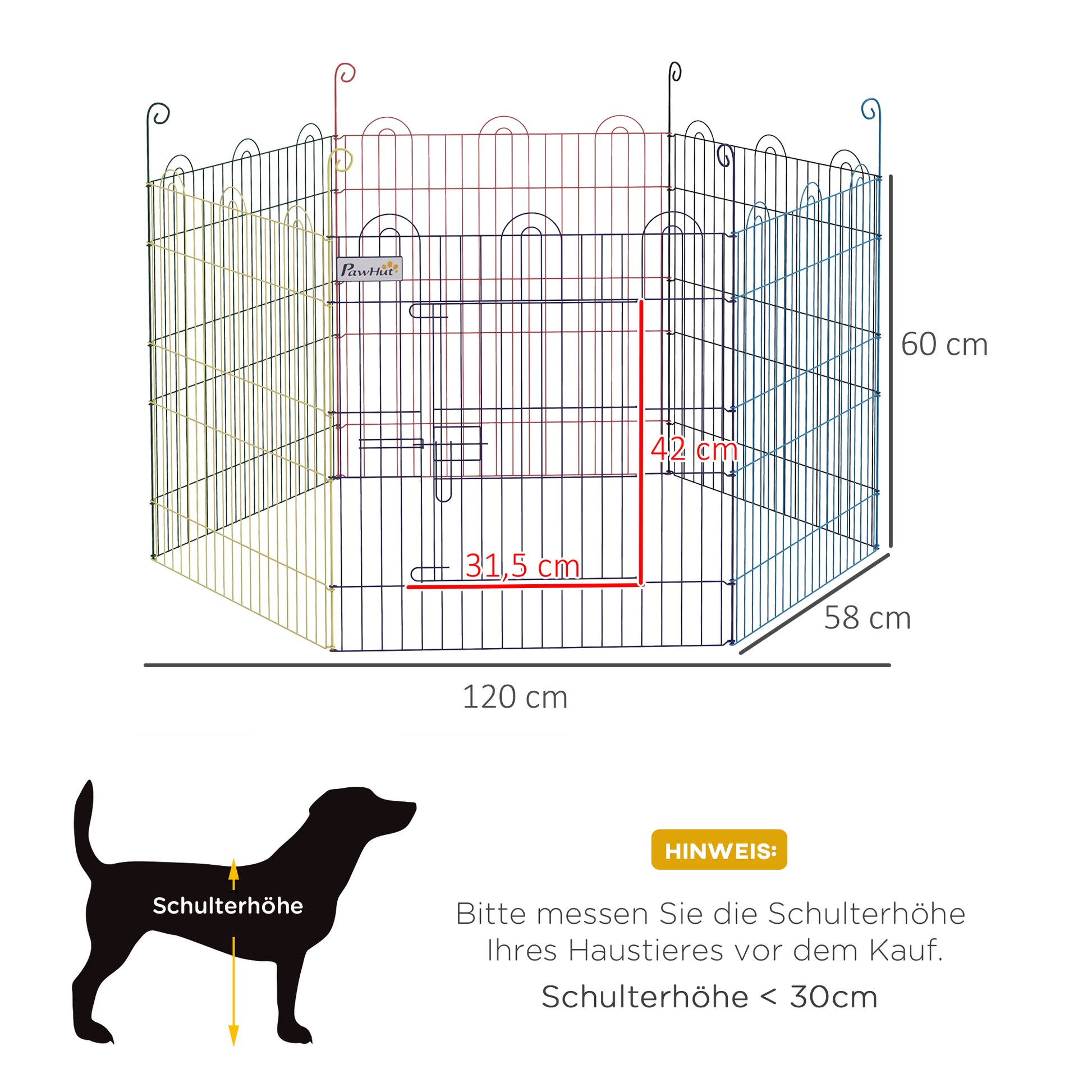 Puppy Playpen Puppy Run for Pets, 6 Pieces 60 cm Puppy Fence, DIY Playpen, Playpen with Door, Metal, Multicolored