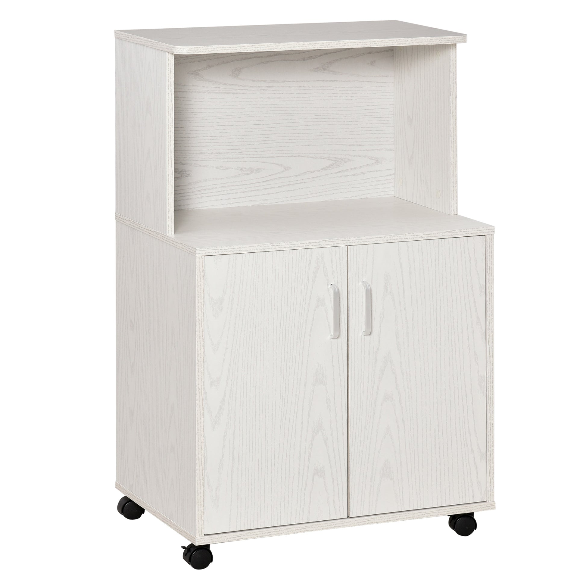 Multi-Purpose Kitchen Mobile Cabinet with Wheels, Cabinet and Shelf for Microwave, Tall Sideboard in Chipboard, 60.4x40.3x97cm White