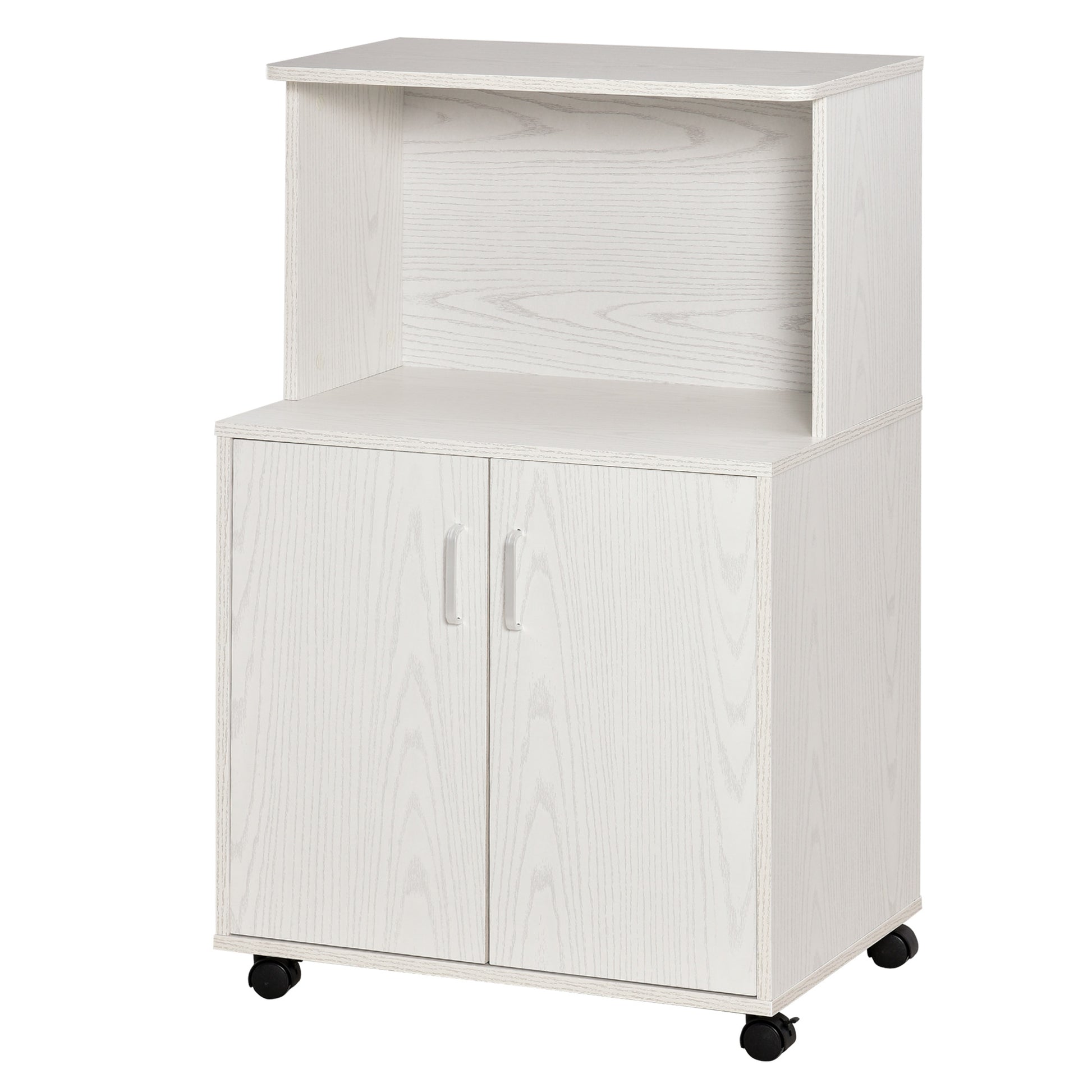 Multi-Purpose Kitchen Mobile Cabinet with Wheels, Cabinet and Shelf for Microwave, Tall Sideboard in Chipboard, 60.4x40.3x97cm White
