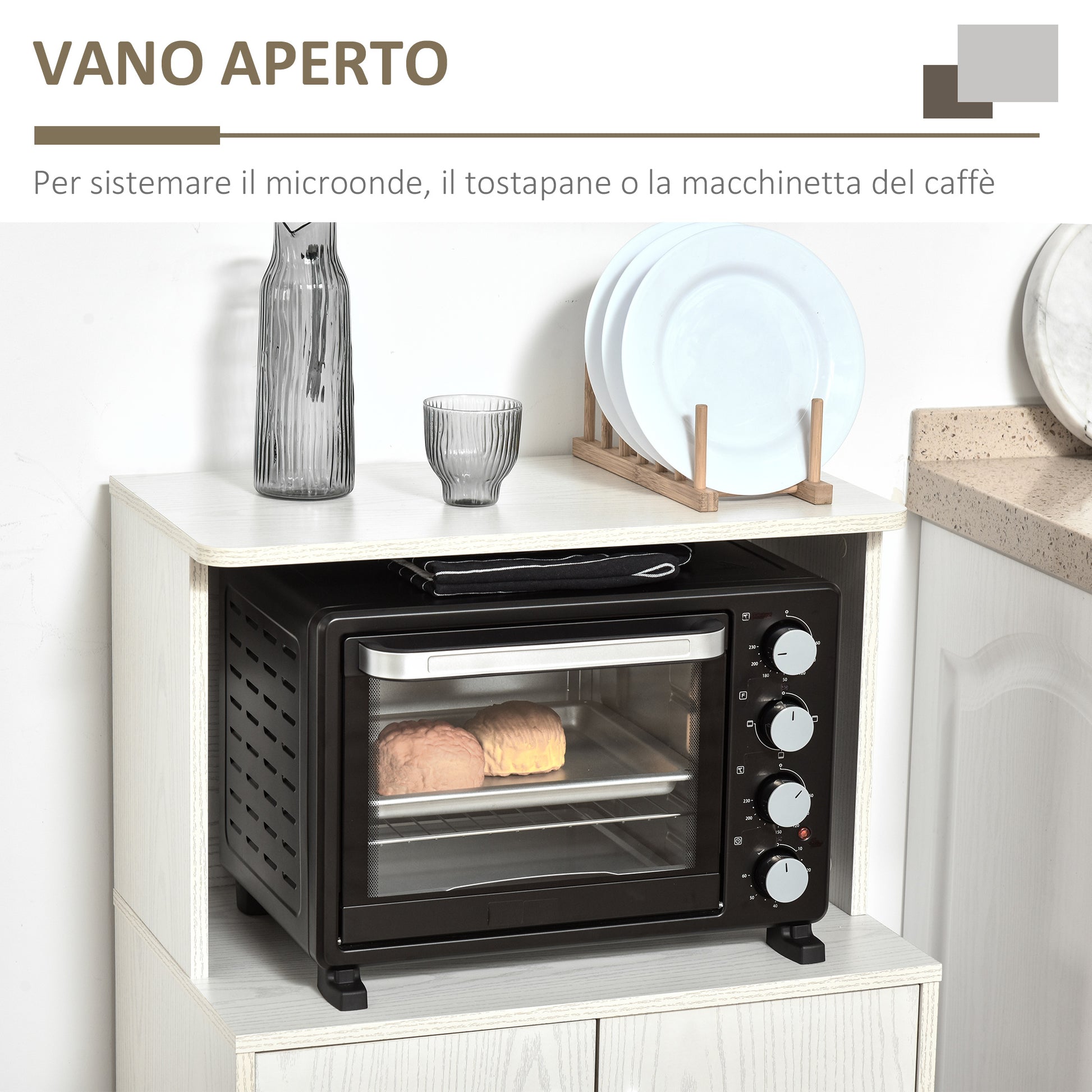 Multi-Purpose Kitchen Mobile Cabinet with Wheels, Cabinet and Shelf for Microwave, Tall Sideboard in Chipboard, 60.4x40.3x97cm White