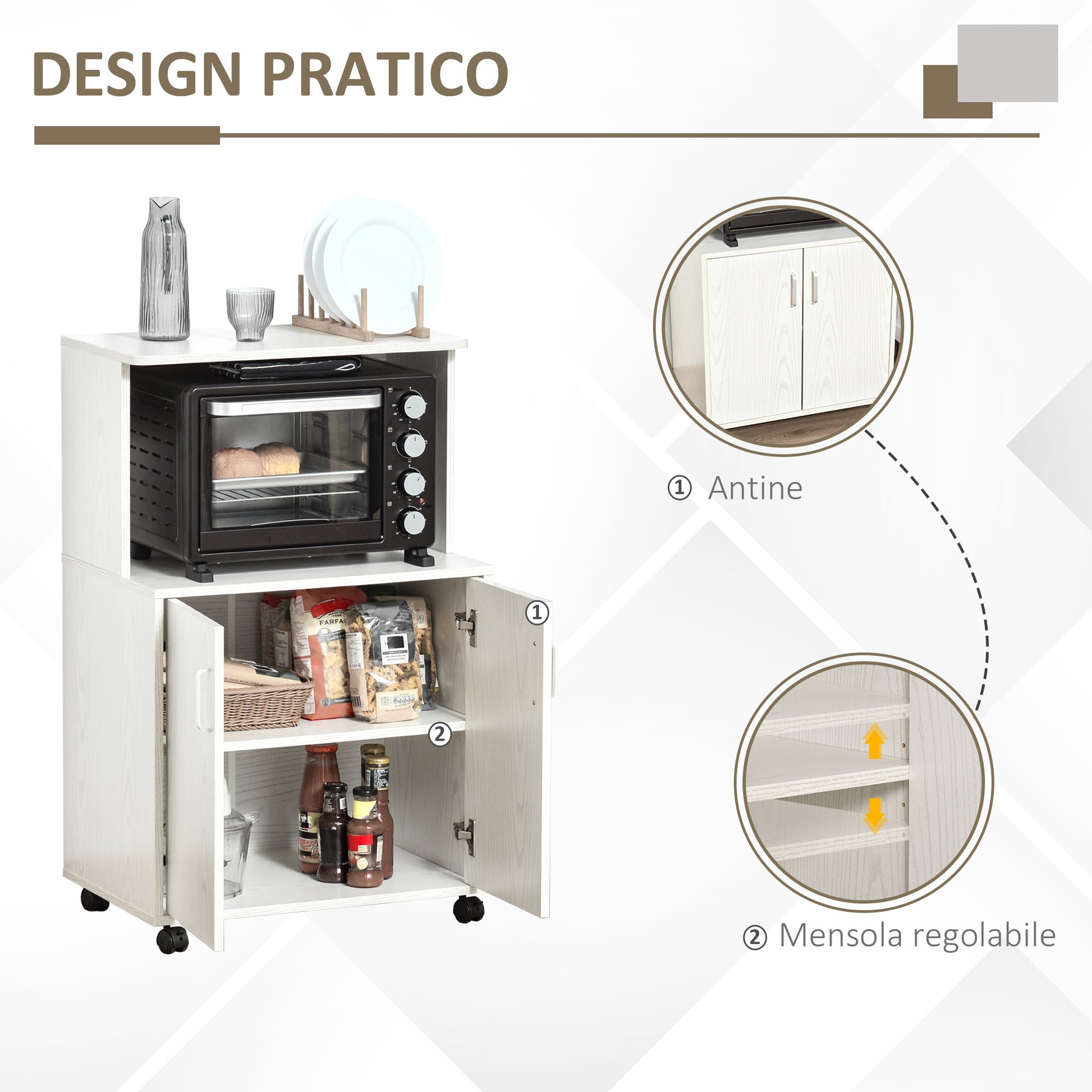 Multi-Purpose Kitchen Mobile Cabinet with Wheels, Cabinet and Shelf for Microwave, Tall Sideboard in Chipboard, 60.4x40.3x97cm White