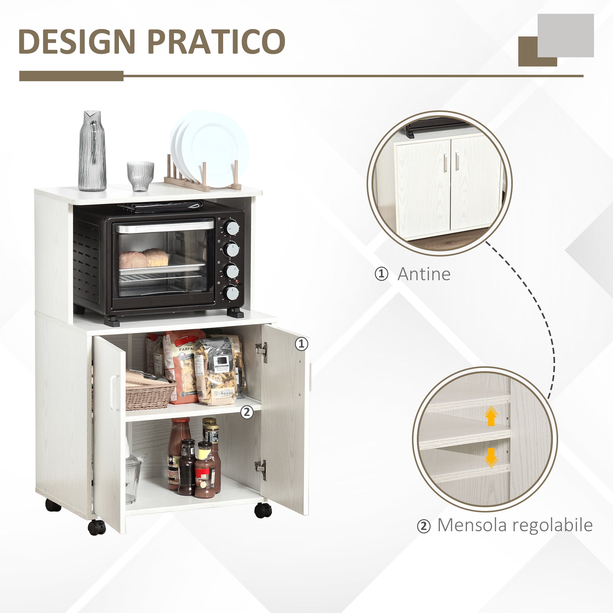 Multi-Purpose Kitchen Mobile Cabinet with Wheels, Cabinet and Shelf for Microwave, Tall Sideboard in Chipboard, 60.4x40.3x97cm White
