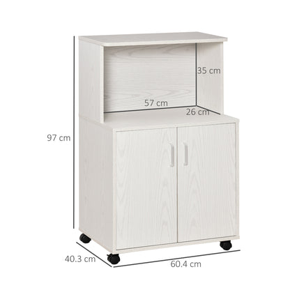 Multi-Purpose Kitchen Mobile Cabinet with Wheels, Cabinet and Shelf for Microwave, Tall Sideboard in Chipboard, 60.4x40.3x97cm White