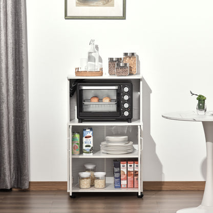 Multi-Purpose Kitchen Mobile Cabinet with Wheels, Cabinet and Shelf for Microwave, Tall Sideboard in Chipboard, 60.4x40.3x97cm White