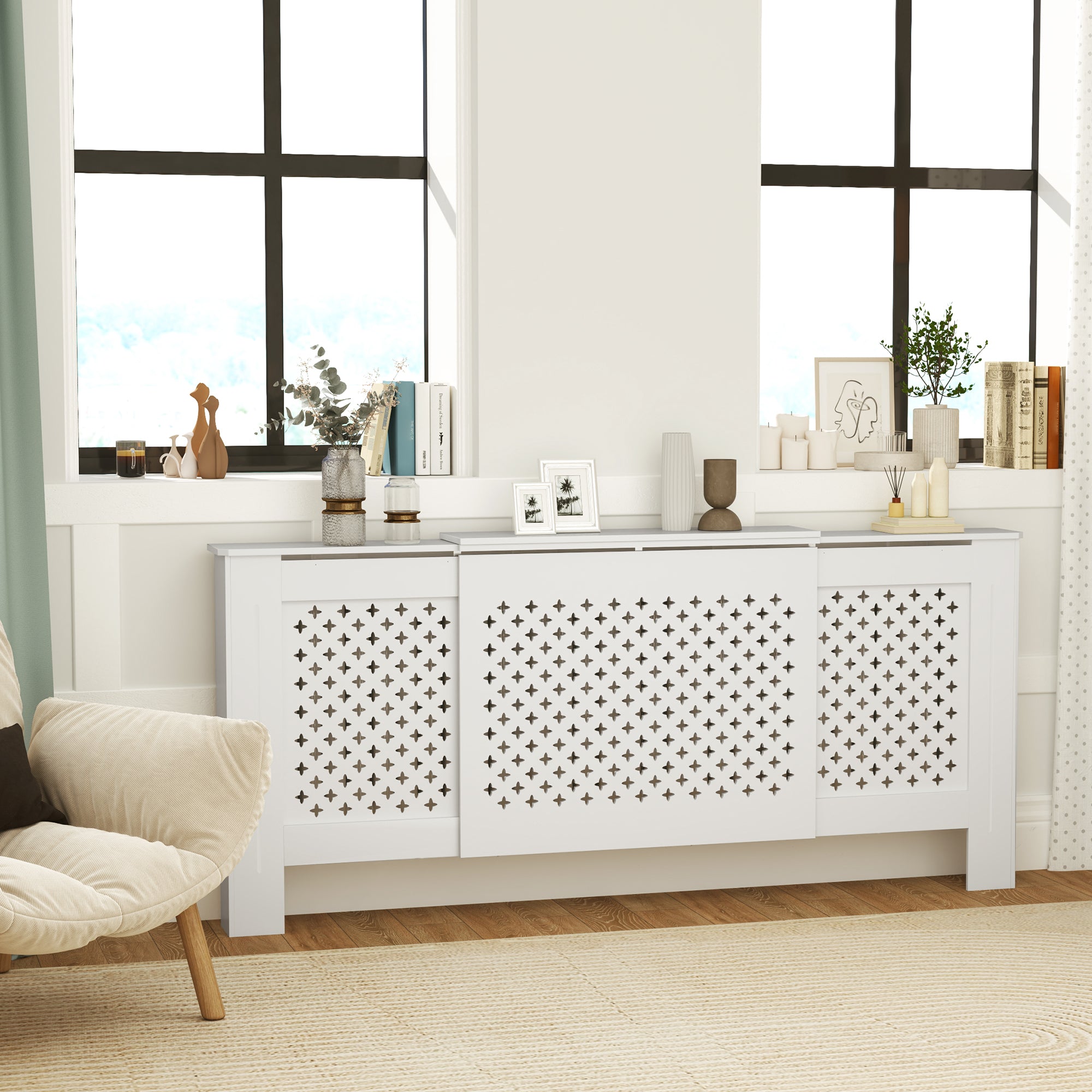 Adjustable Radiator Cover in Contemporary Honeycomb Design 136-200 x 21.5 x 91.7 cm Wooden Radiator Cover for Bedroom, Living Room - White