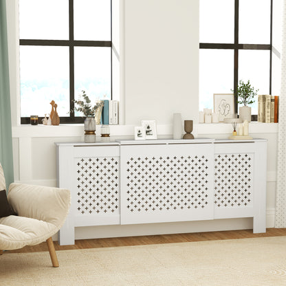 Adjustable Radiator Cover in Contemporary Honeycomb Design 136-200 x 21.5 x 91.7 cm Wooden Radiator Cover for Bedroom, Living Room - White