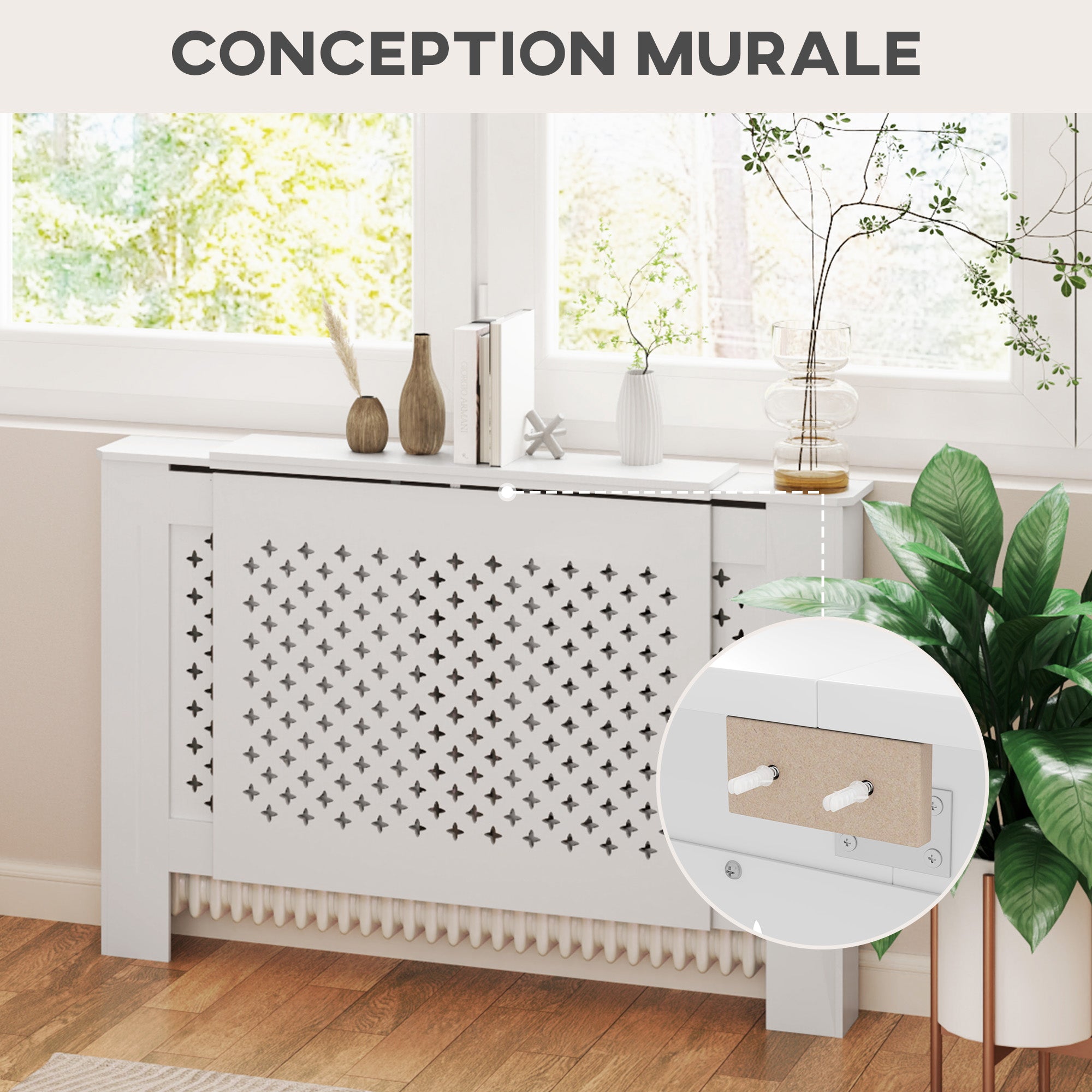 Adjustable Radiator Cover in Contemporary Honeycomb Design 136-200 x 21.5 x 91.7 cm Wooden Radiator Cover for Bedroom, Living Room - White